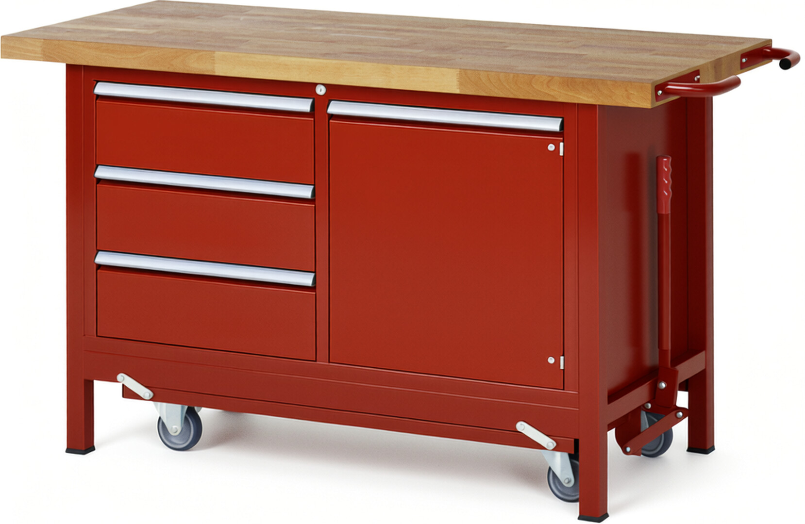 Absenkbare Werkbank Modell 8468 rot, BxTxH 1500x700x880 mm,  Buche-Massiv Arbeitsplatte 40 mm,  3 Schubladen mit  Auszug 90 %