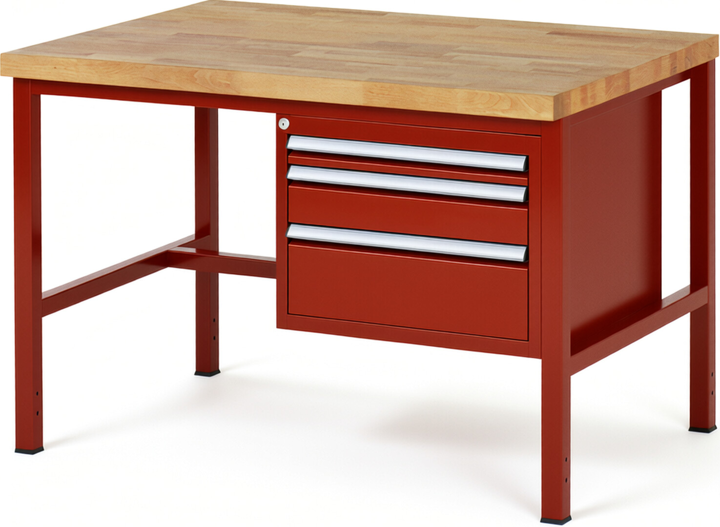 Werkbank Modell 8126 rot, BxTxH 1250x900x840-1040 mm,  Buche-Massiv Arbeitsplatte 40 mm,  3 Schubladen mit  Auszug 90 %