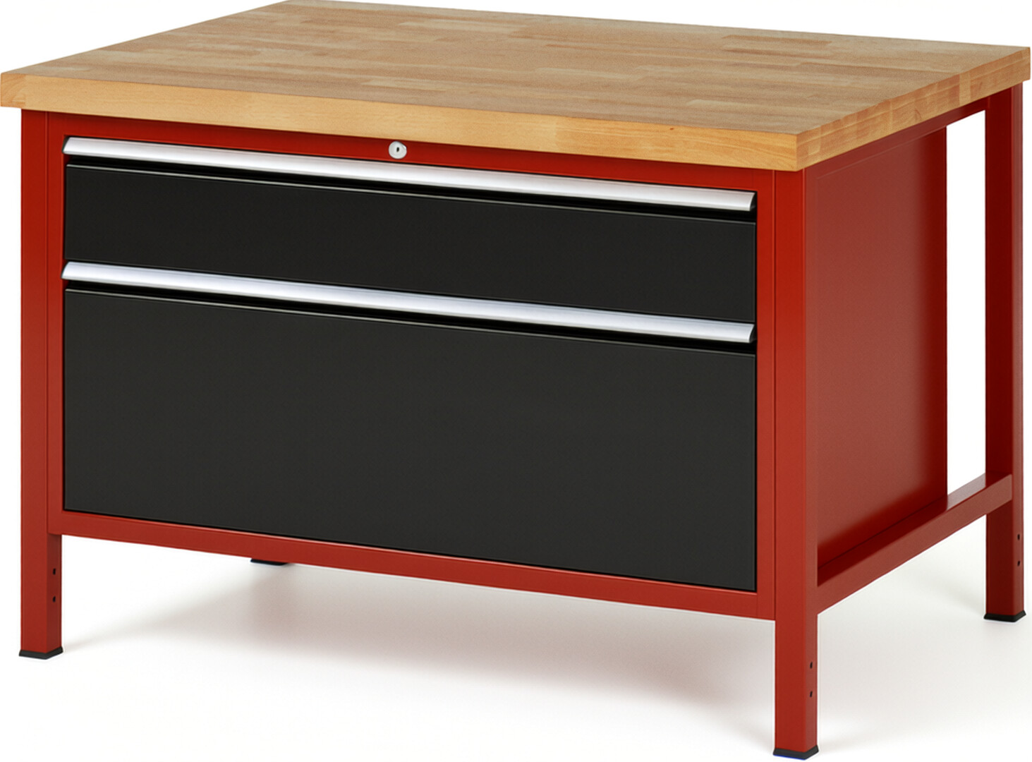 Werkbank Modell 8356 rot - schwarz, BxTxH 1250x900x840 mm,  Buche-Massiv Arbeitsplatte 40 mm,  2 Schubladen mit  Vollauszug 100 % und  SoftClosing