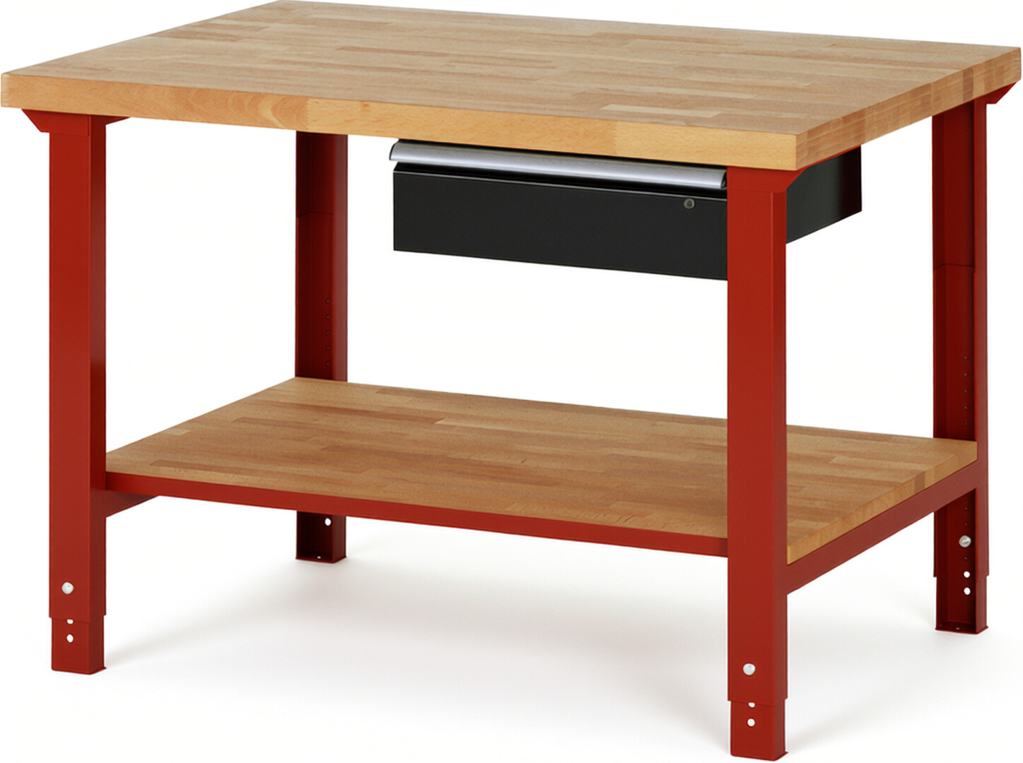 Werkbank Modell 7001 rot - schwarz, BxTxH 1250x900x790-1140 mm,  Buche-Massiv Arbeitsplatte 40 mm,  1 Schublade mit  Auszug 90 %