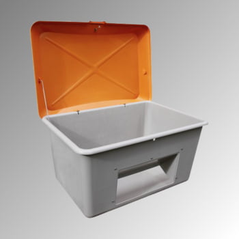Streugutbehälter für Streusalz, Winterstreumittel, Futtermittel, mit Entnahmeöffnung, 200 l Volumen, 640 x 890 x 600 mm (HxBxT), grau/orange GFK