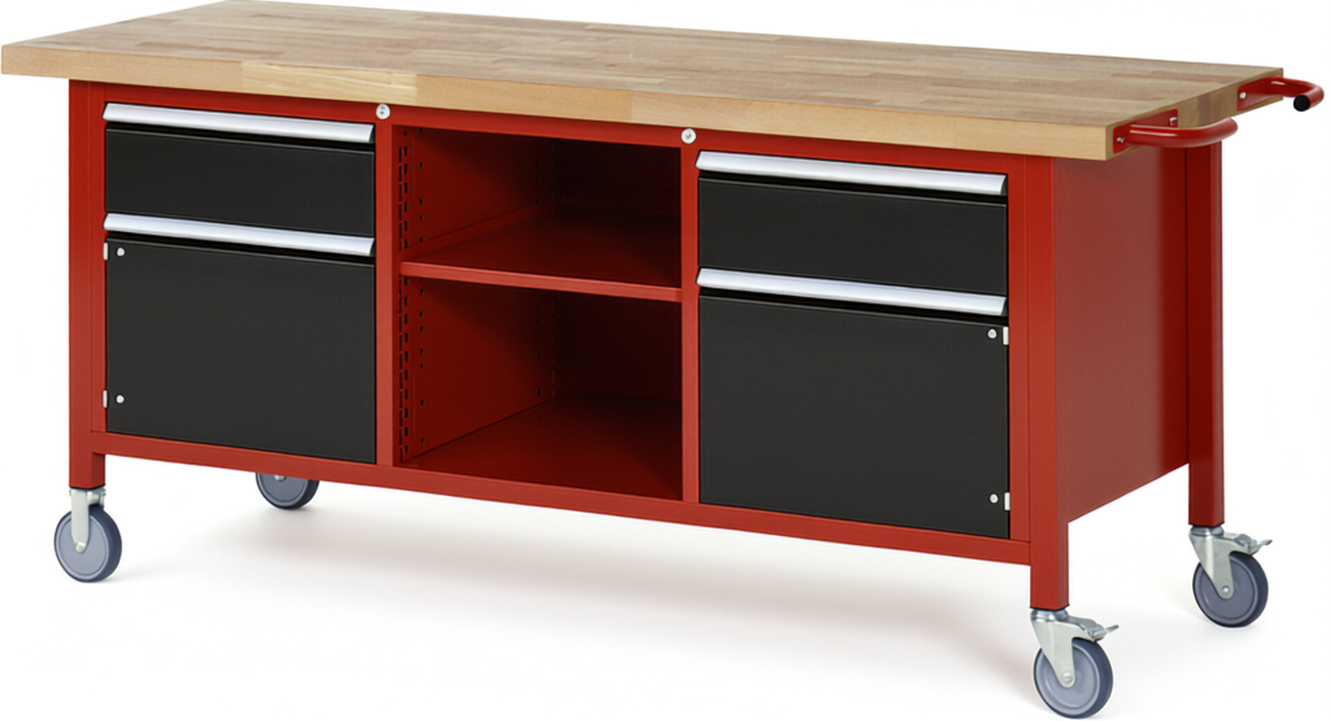 Fahrbare Werkbank Modell 8561 rot - schwarz, BxTxH 2000x700x880-1080 mm,  Buche-Massiv Arbeitsplatte 40 mm,  2 Schubladen mit  Vollauszug 100 % und  SoftClosing
