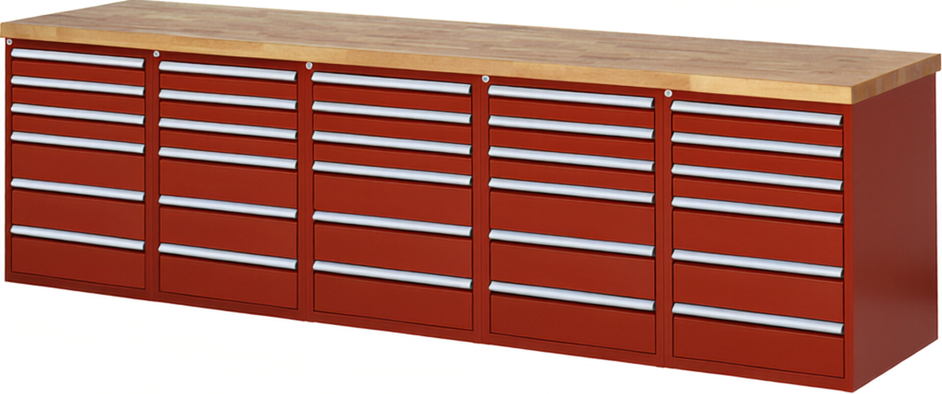 RAU Werkbank rot - Breite 300 cm - Tiefe 70 cm - Höhe 84 cm - Buche-Massiv Arbeitsplatte 40 mm