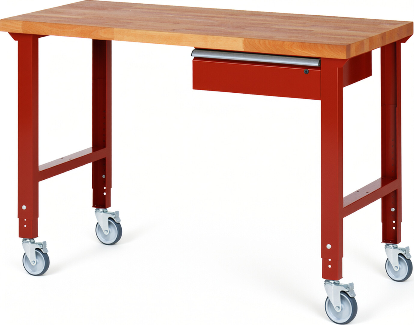 Fahrbare Werkbank Modell 7001 rot, BxTxH 1500x700x950-1000 mm,  Buche-Massiv Arbeitsplatte 40 mm,  1 Schublade mit  Auszug 90 %