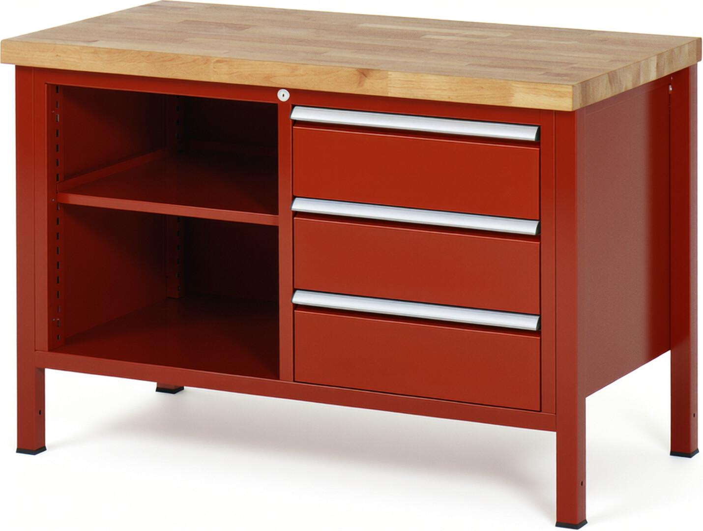 Werkbank Modell 8462 rot, BxTxH 1250x700x840 mm,  Buche-Massiv Arbeitsplatte 40 mm,  3 Schubladen mit  Auszug 90 %