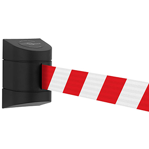 Wandkassette mit Rollgurt, Wandfixierung inkl. Wandanschluss, Gehäuse Kunststoff schwarz, Gurt 4,60 m, rot/weiß