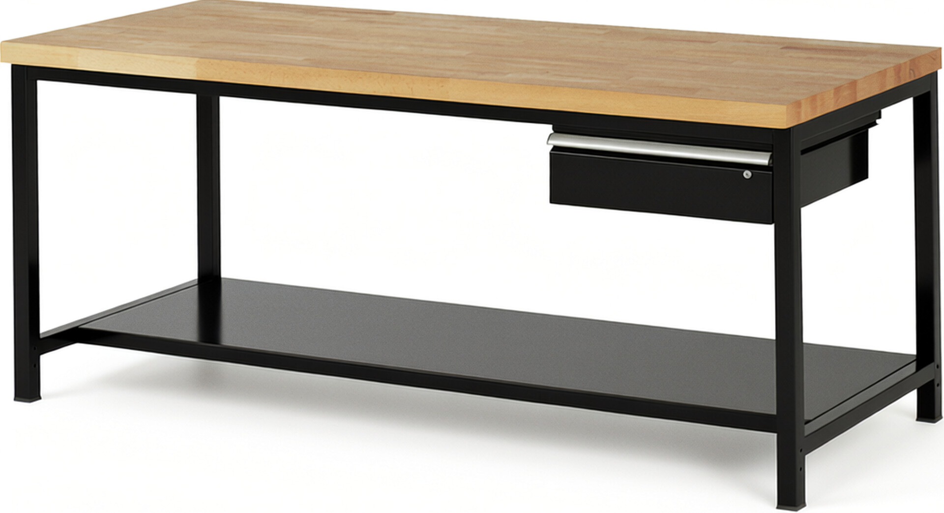 Werkbank Modell 8001 schwarz, BxTxH 2000x900x840-1040 mm,  Buche-Massiv Arbeitsplatte 40 mm,  1 Schublade mit  Auszug 90 %