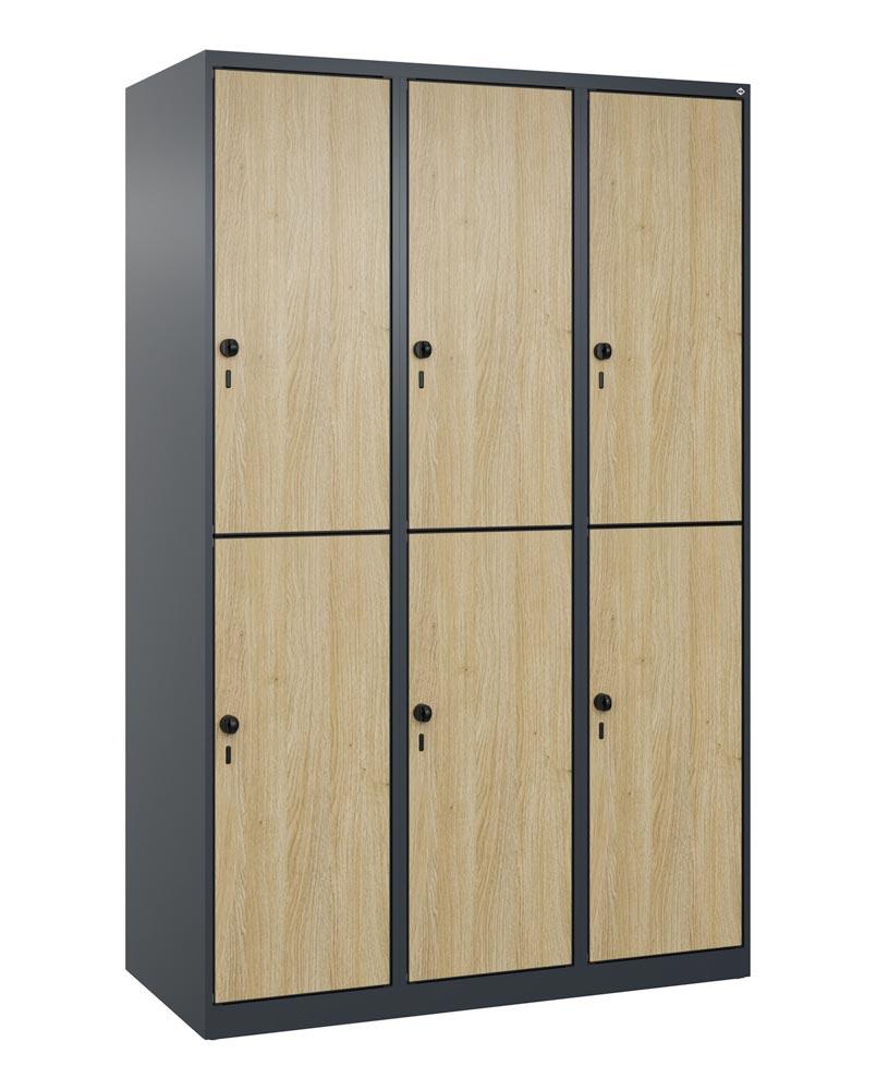 Fächerschrank, doppelstöckig, bodenstehend, 3x2 Fächer, Abt.B 400 mm, BxTxH 1200x500x1850 mm, HPL-Dekorfront, RAL 7016/Dekor Eiche Sereno