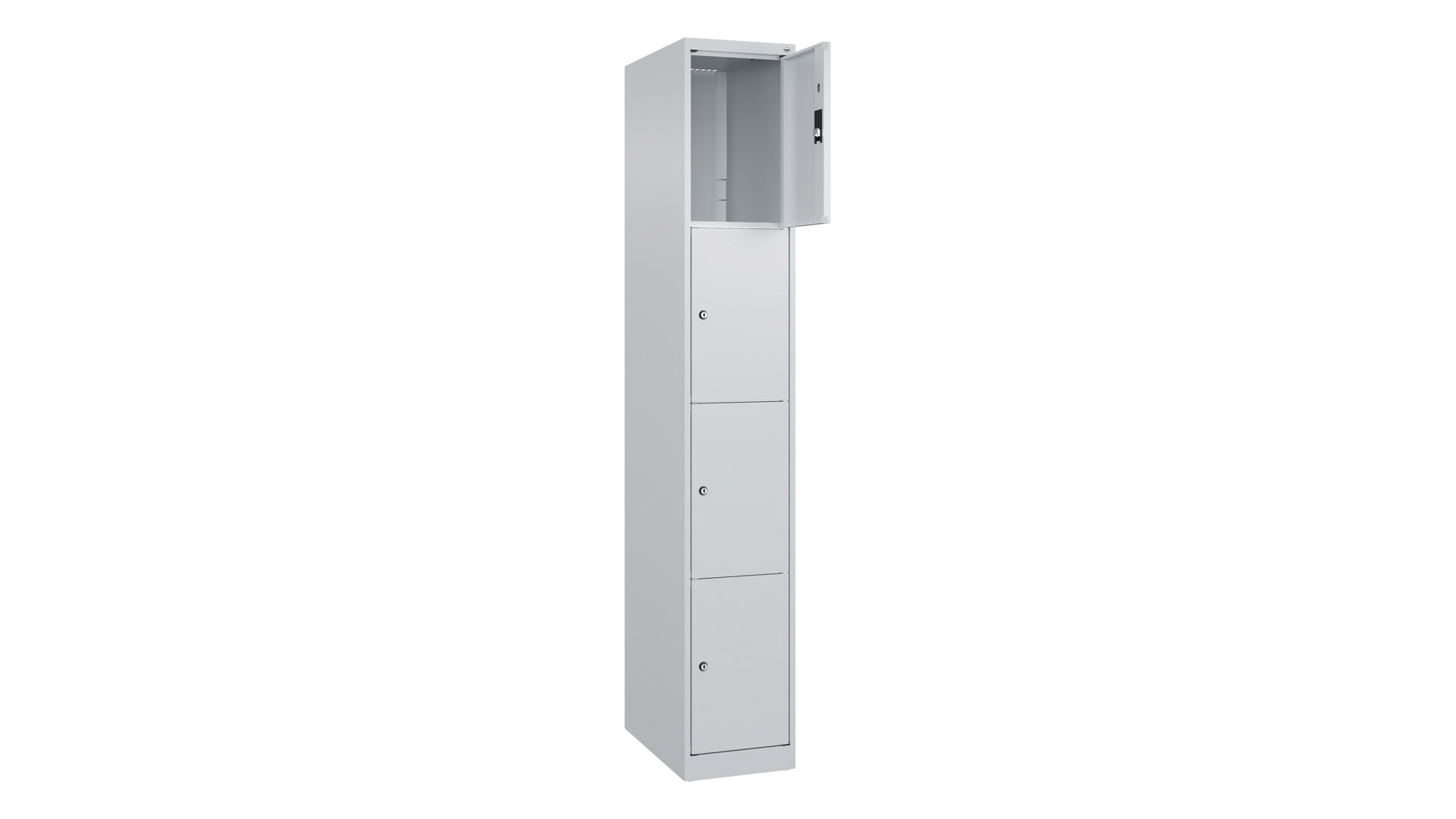 Fächerschrank, BxTxH 300x500x1.850 mm, 1x4 Fächer, Abteilbreite 300 mm, bodenstehend, Schloss, glatte Türen, RAL 7035