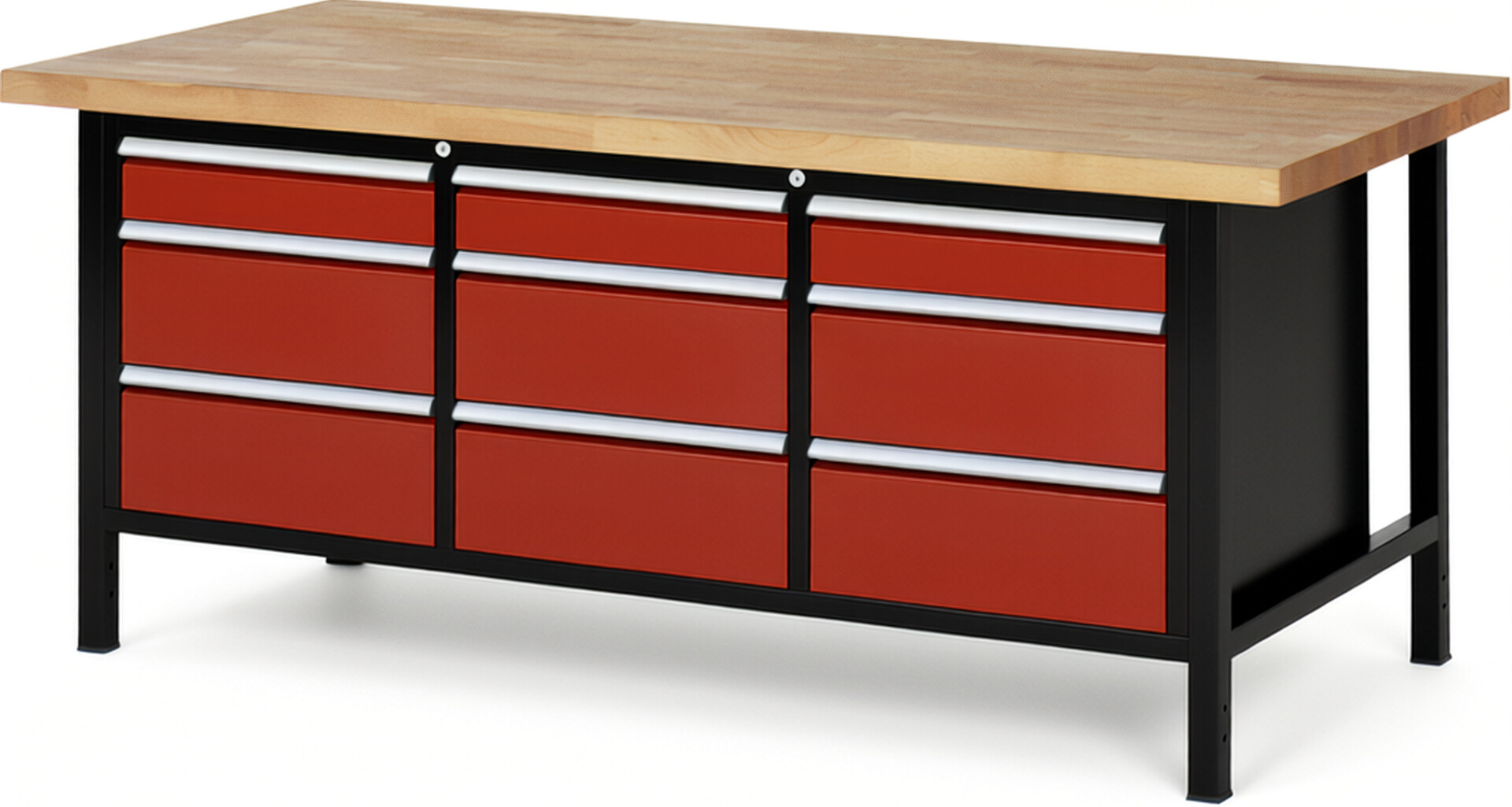 RAU Werkbank schwarz - rot - Breite 200 cm - Tiefe 90 cm - Höhe 84 cm - Buche-Massiv Arbeitsplatte 40 mm