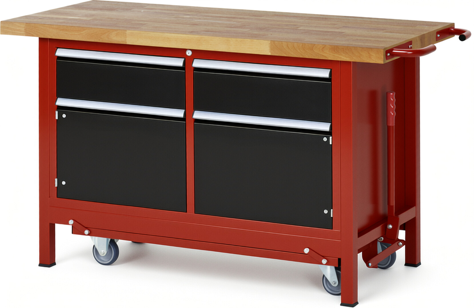 Absenkbare Werkbank Modell 8466 rot - schwarz, BxTxH 1500x700x880 mm,  Buche-Massiv Arbeitsplatte 40 mm,  2 Schubladen mit  Vollauszug 100 % und  SoftClosing