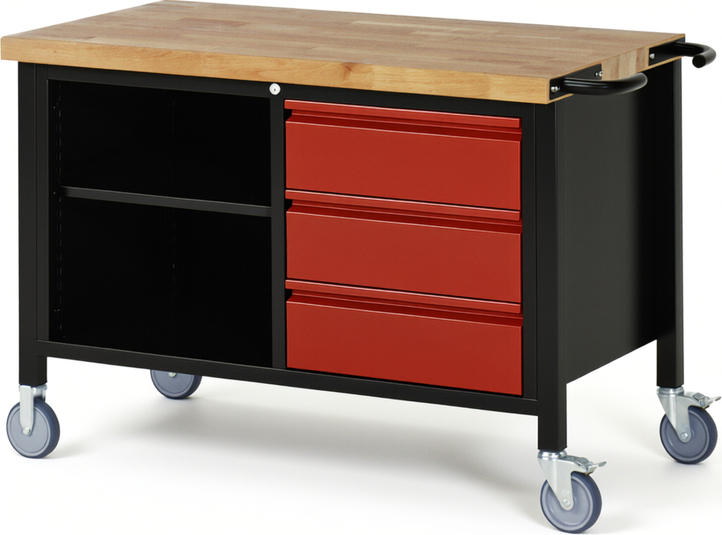 RAU Werkbank schwarz - rot - Breite 125 cm - Tiefe 70 cm - Höhe 88 cm - Buche-Massiv Arbeitsplatte 40 mm