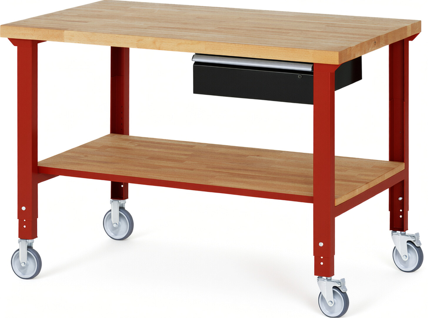 RAU Werkbank rot - schwarz - Breite 150 cm - Tiefe 90 cm - Höhe 100 cm - Buche-Massiv Arbeitsplatte 40 mm