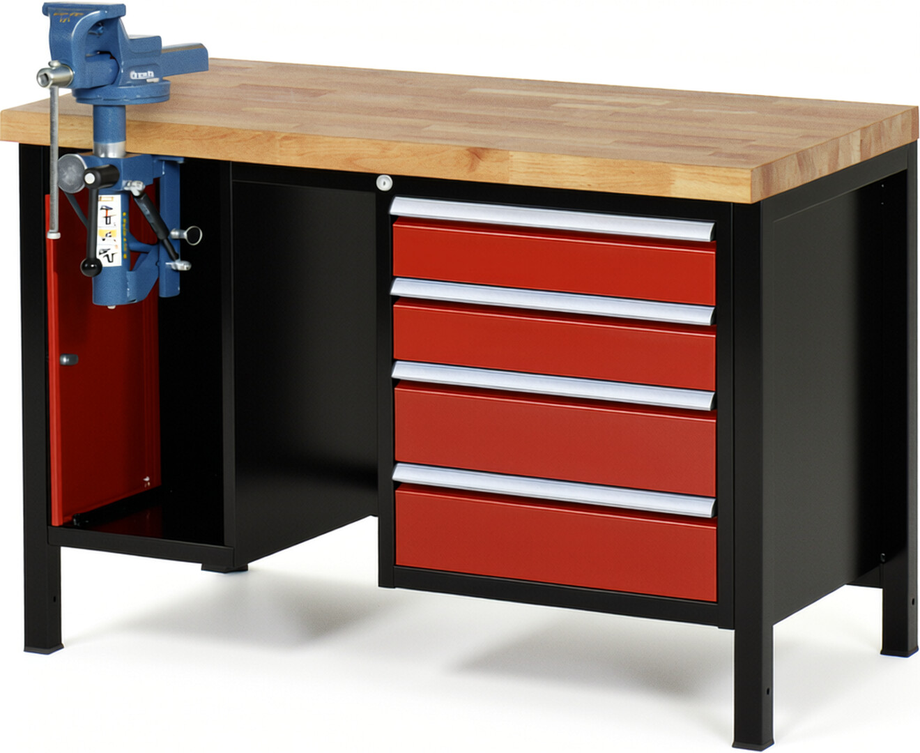 RAU Werkbank schwarz - rot - Breite 125 cm - Tiefe 70 cm - Höhe 104 cm - Buche-Massiv Arbeitsplatte 40 mm