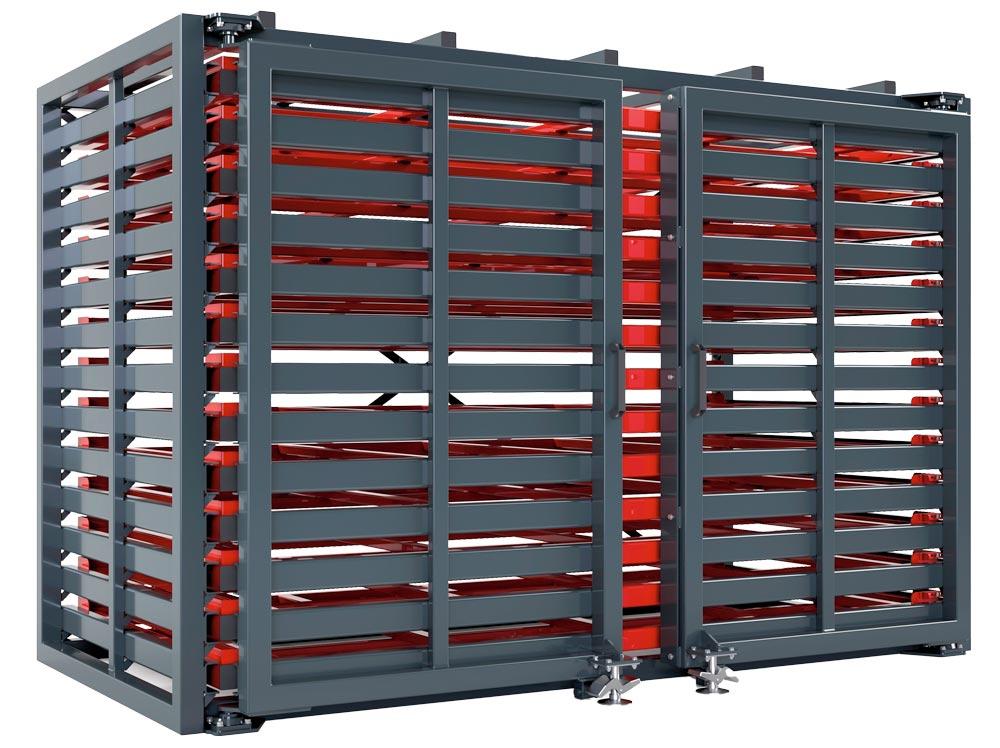 Schubfachregal für Bleche 3000x1500 mm, 13 Ebenen + starre Dachablage, Fachlast 1500kg