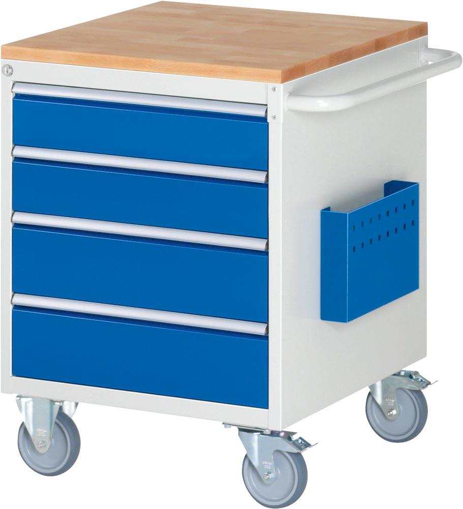 Montagewagen mit Buche Platte 25mm,  BxTxH 580x650x795 mm, 4 Schubladen: 2x120/2x150 mm, RAL 7035/5010