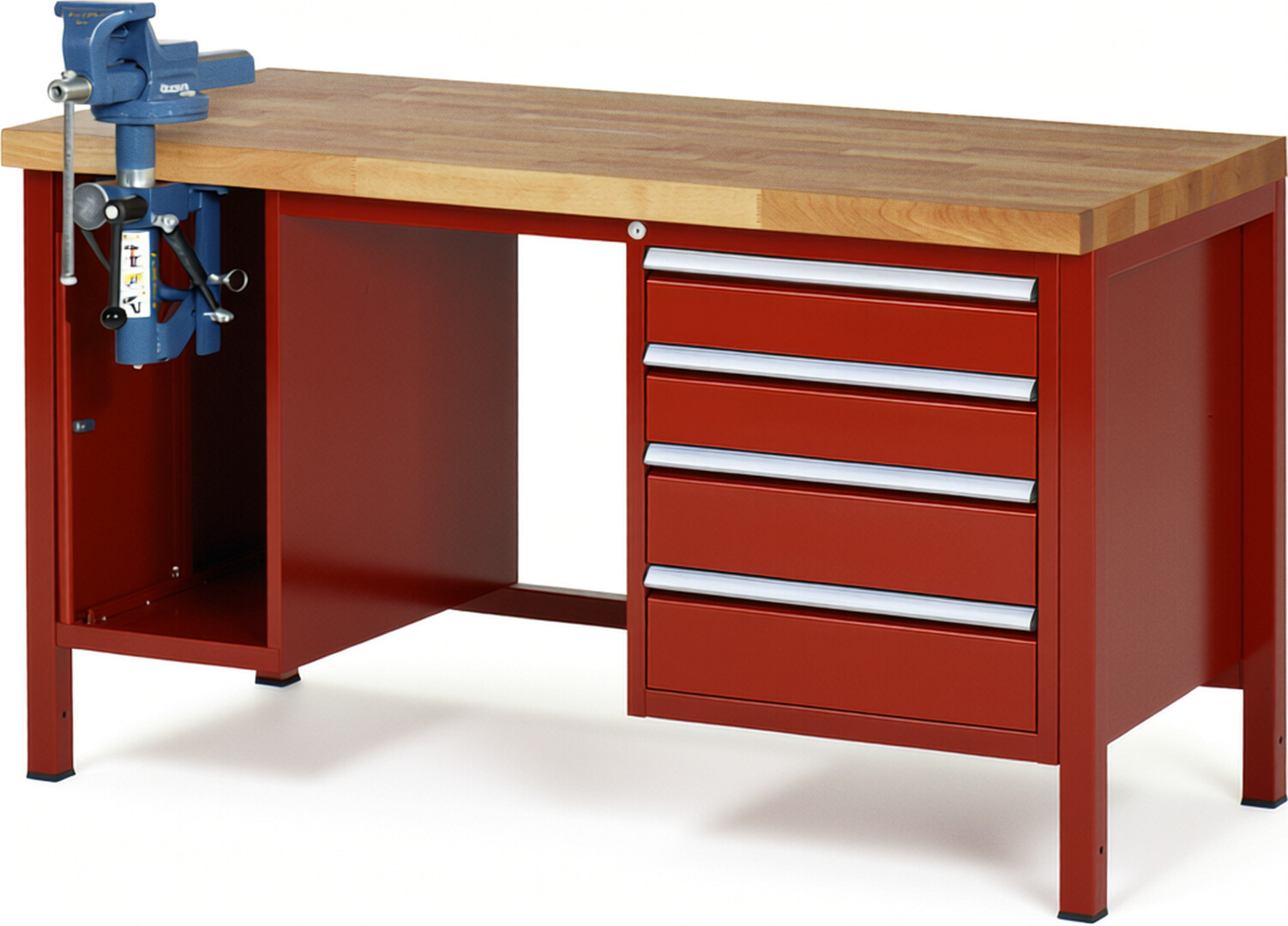Werkbank Modell 8185 rot, BxTxH 1500x700x840 mm,  Buche-Massiv Arbeitsplatte 40 mm,  4 Schubladen mit  Vollauszug 100 % und  SoftClosing
