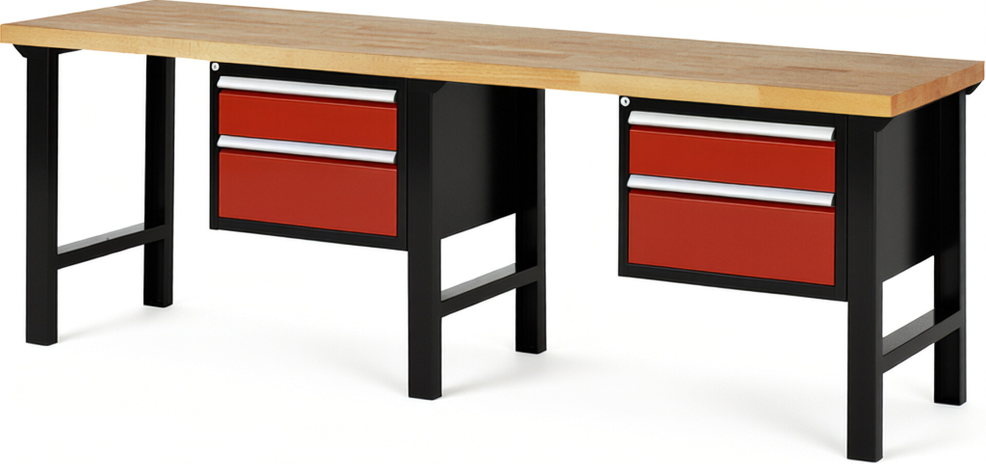 RAU Werkbank schwarz - rot - Breite 250 cm - Tiefe 70 cm - Höhe 84 cm - Buche-Massiv Arbeitsplatte 40 mm