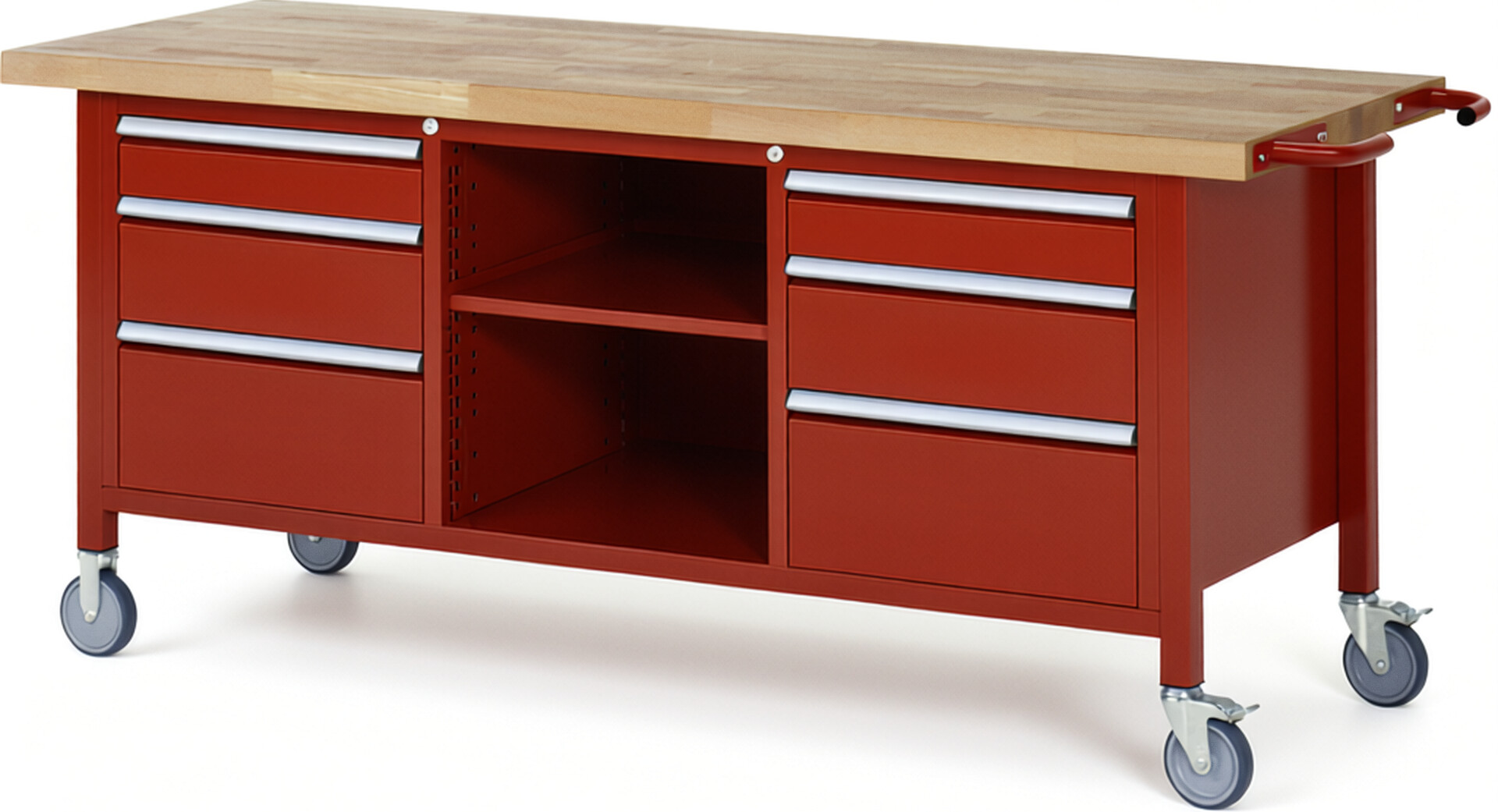 RAU Werkbank rot - Breite 200 cm - Tiefe 70 cm - Höhe 108 cm - Buche-Massiv Arbeitsplatte 40 mm