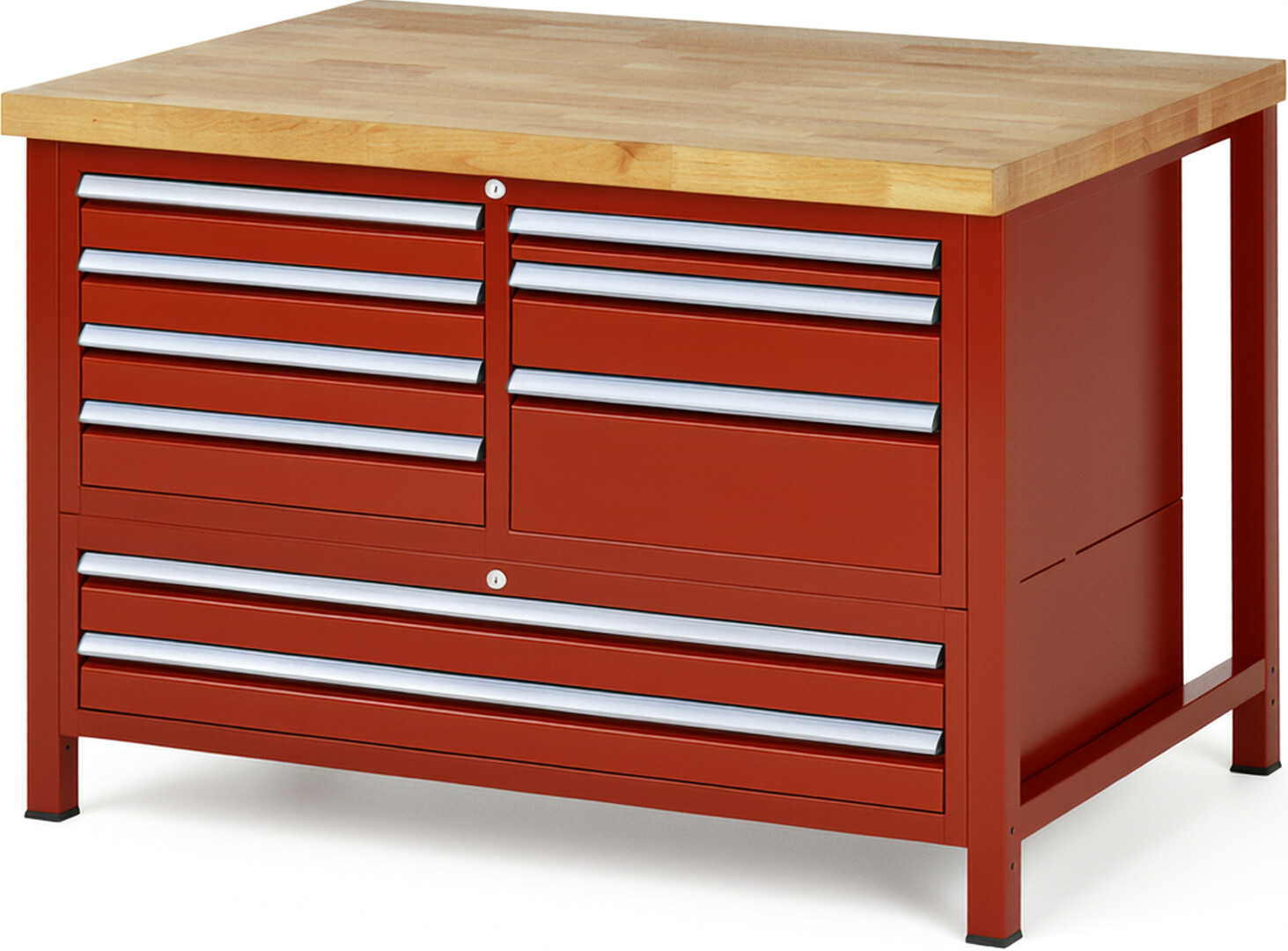 Werkbank Modell 8933 rot, BxTxH 1250x900x840-1040 mm,  Buche-Massiv Arbeitsplatte 40 mm,  9 Schubladen mit  Auszug 90 %