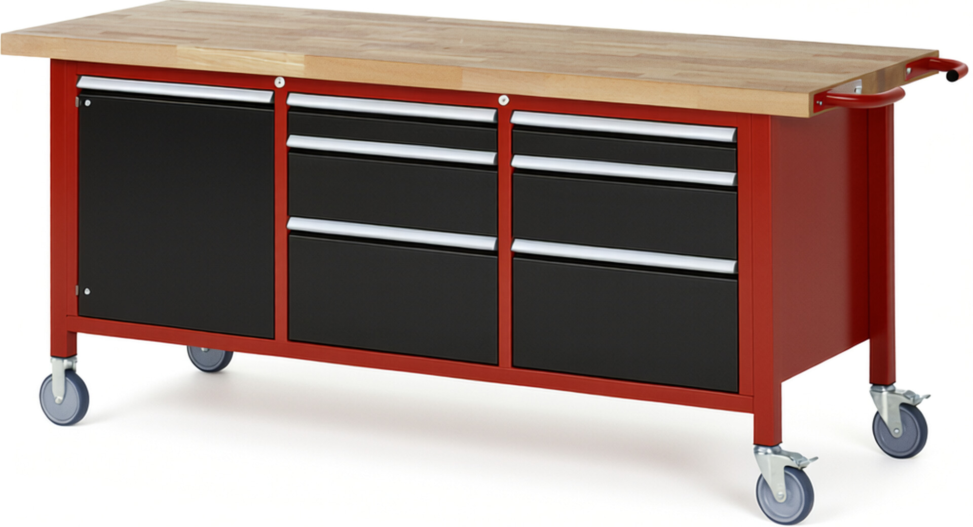 Fahrbare Werkbank Modell 8570 rot - schwarz, BxTxH 2000x700x880 mm,  Buche-Massiv Arbeitsplatte 40 mm,  6 Schubladen mit  Vollauszug 100 % und  SoftClosing