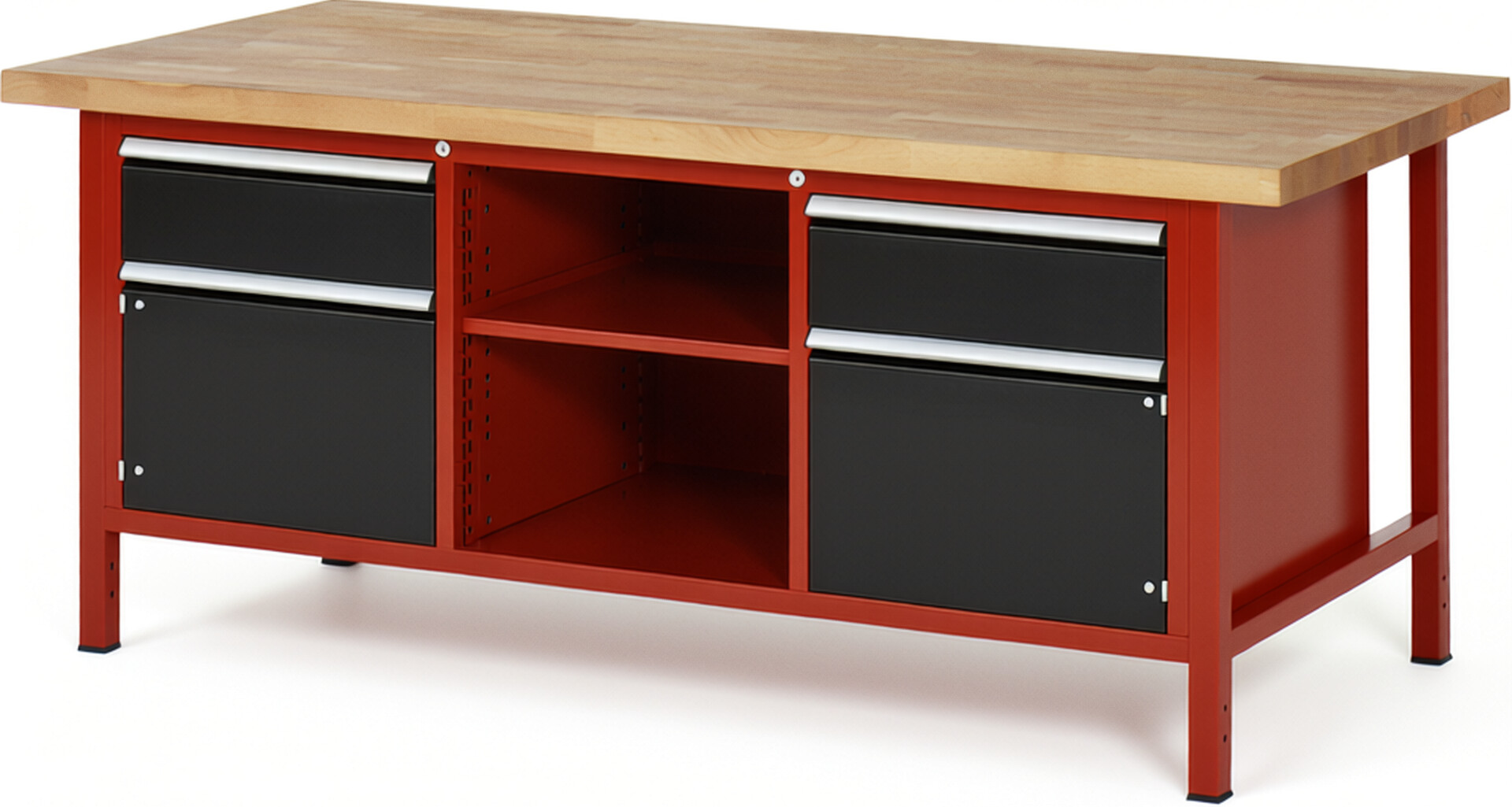 Werkbank Modell 8561 rot - schwarz, BxTxH 2000x900x840-1040 mm,  Buche-Massiv Arbeitsplatte 40 mm,  2 Schubladen mit  Auszug 90 %
