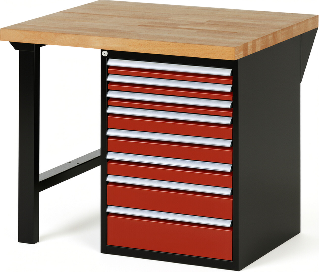 RAU Werkbank schwarz - rot - Breite 100 cm - Tiefe 90 cm - Höhe 84 cm - Buche-Massiv Arbeitsplatte 40 mm