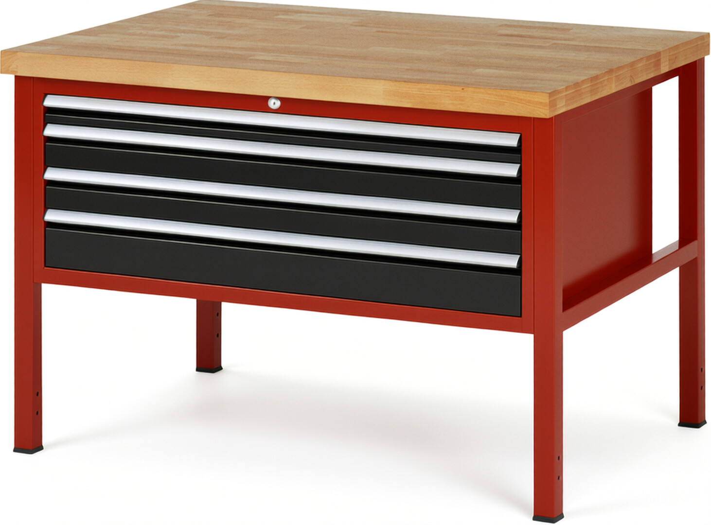 Werkbank Modell 8332 rot - schwarz, BxTxH 1250x900x840-1040 mm,  Buche-Massiv Arbeitsplatte 40 mm,  4 Schubladen mit  Vollauszug 100 % und  SoftClosing