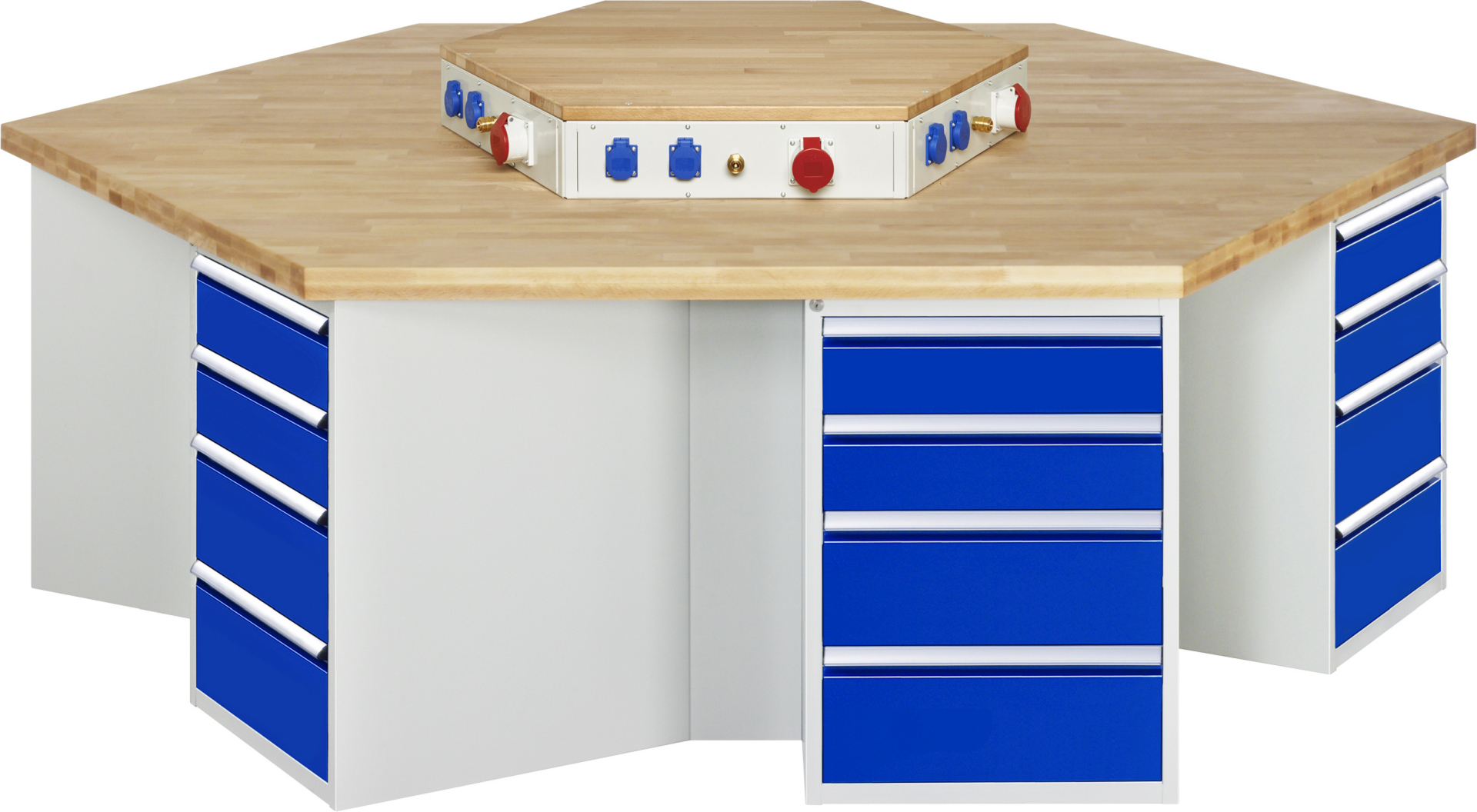 Gruppenwerkbank Modell 498,  BxTxH 2700x2340x900 mm,  Buche-Massiv Arbeitsplatte 50 mm,  24 Schubladen mit  Vollauszug 100 % und  SoftClosing