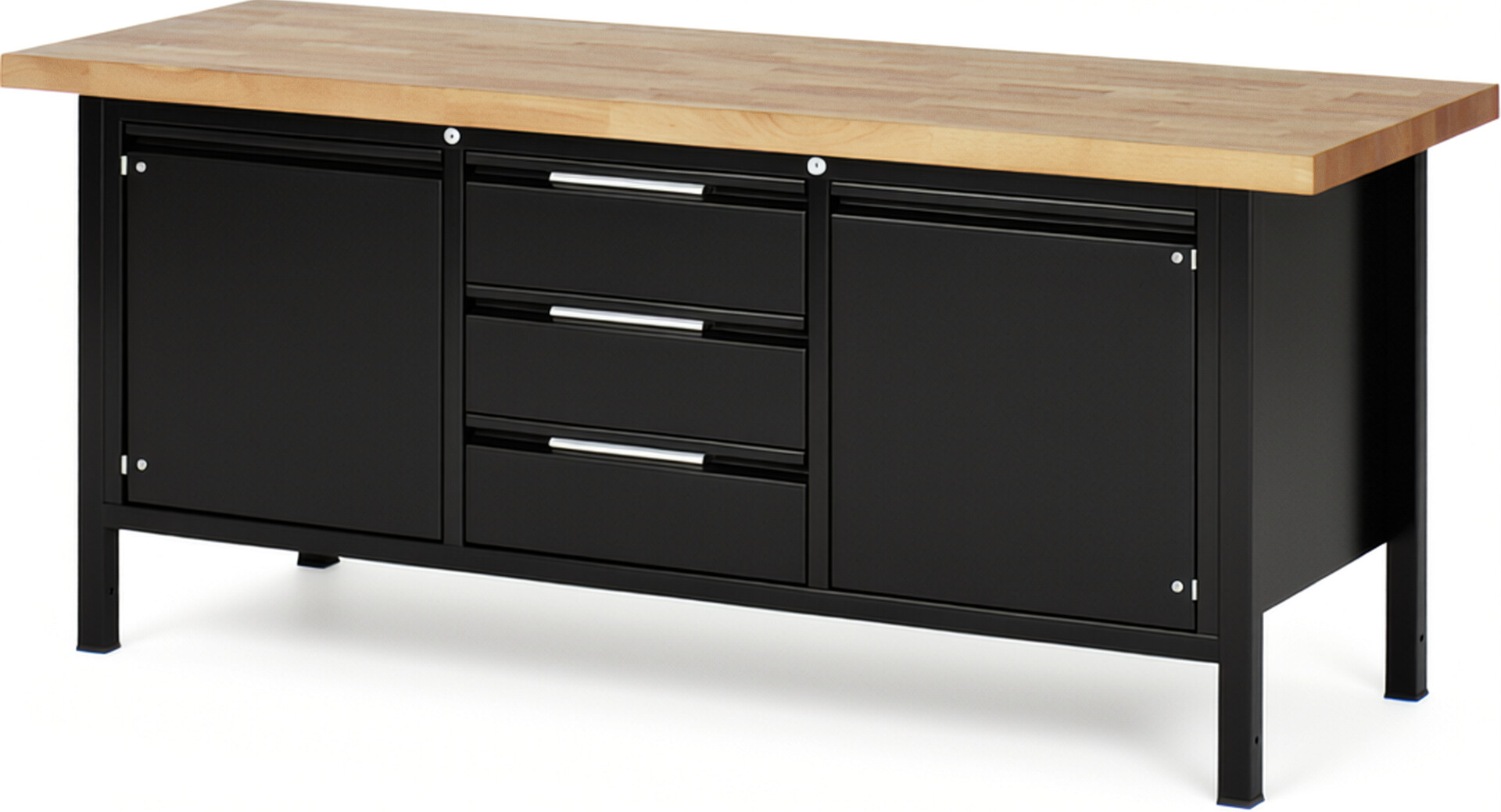 Werkbank, Platte Buche 40 mm schwarz, BxTxH 2000x700x840 mm, 3 Schubladen 180 mm, 2 Türen 540 mm, 2 Fachböden, RAL 9011/9011