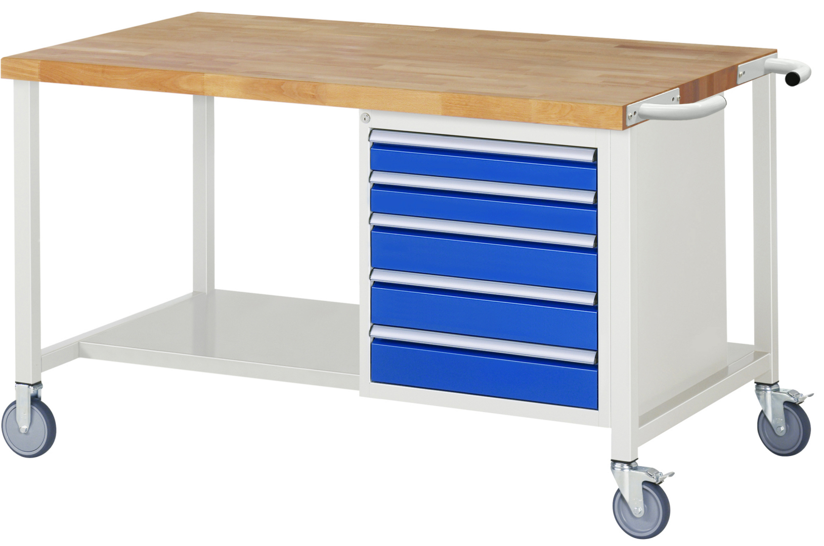 Fahrbare Werkbank Modell 8171,  BxTxH 1500x900x880-1080 mm,  Buche-Massiv Arbeitsplatte 40 mm,  5 Schubladen mit  Auszug 90 %