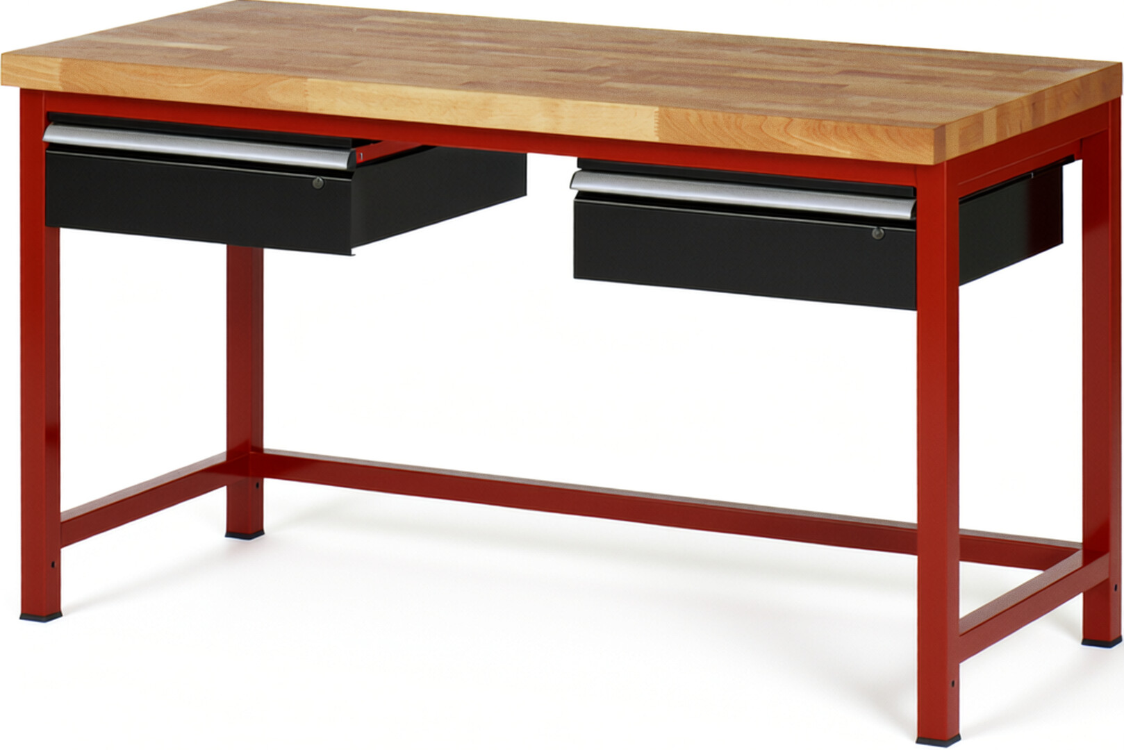 Werkbank Modell 8002 rot - schwarz, BxTxH 1500x700x840-1040 mm,  Buche-Massiv Arbeitsplatte 40 mm,  2 Schubladen mit  Auszug 90 %