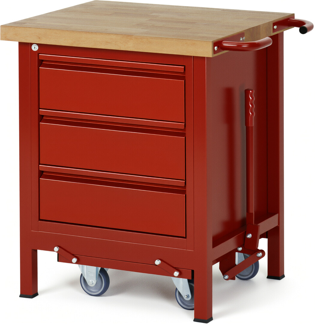 Absenkbare Werkbank - Modell 8157 BASIC rot, BxTxH 750x700x880 mm,  Buche-Massiv Arbeitsplatte 40 mm,  3 Schubladen mit  Auszug 90 %