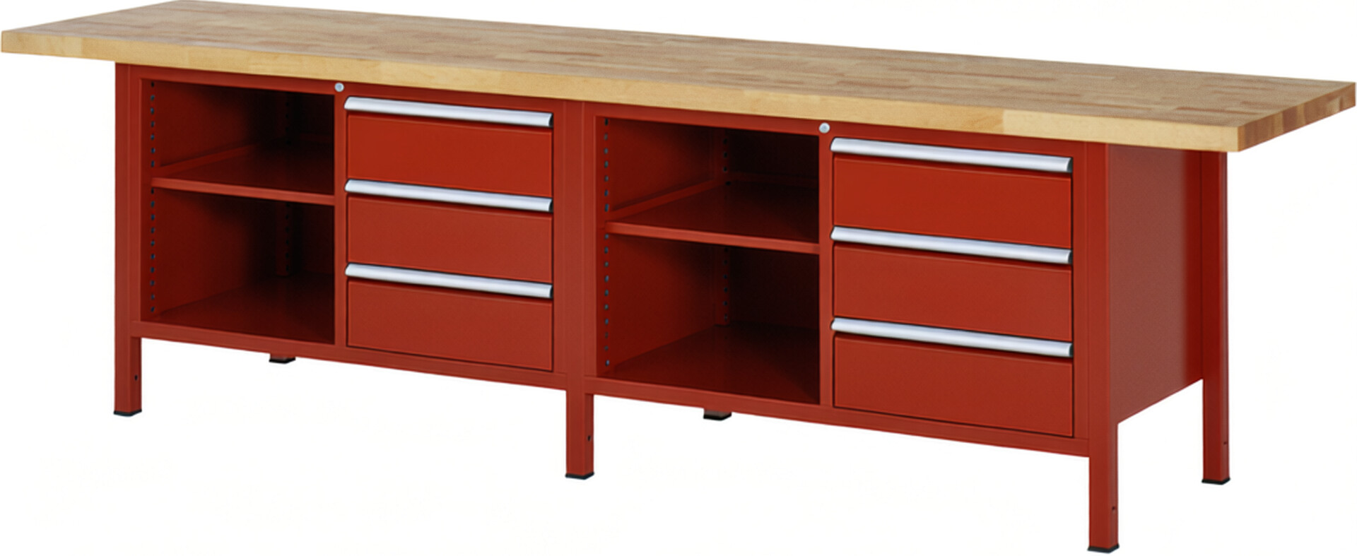 Werkbank Modell 8462 rot, BxTxH 3000x700x840-1040 mm,  Buche-Massiv Arbeitsplatte 40 mm,  6 Schubladen mit  Vollauszug 100 % und  SoftClosing