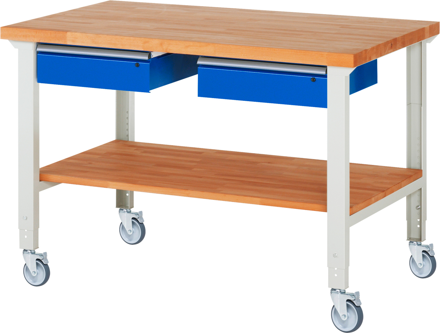 Fahrbare Werkbank Modell 7002,  BxTxH 1500x900x950-1000 mm,  Buche-Massiv Arbeitsplatte 40 mm,  2 Schubladen mit  Auszug 90 %