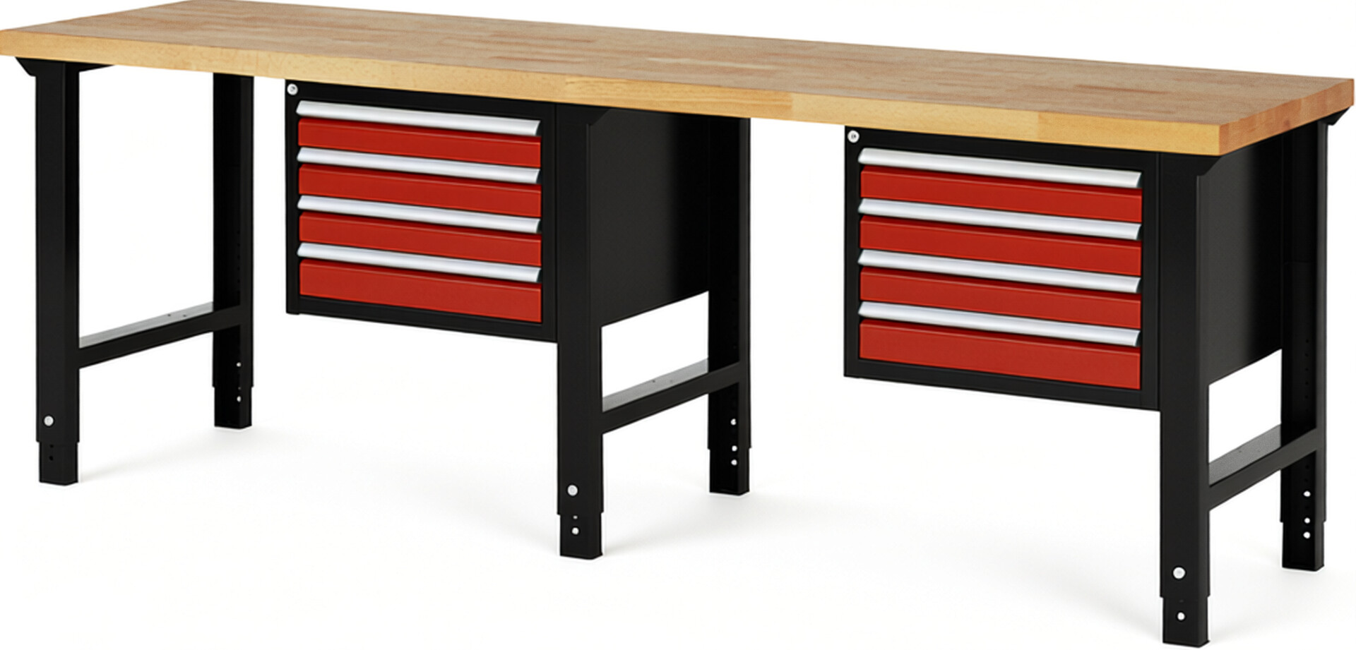 RAU Werkbank schwarz - rot - Breite 250 cm - Tiefe 70 cm - Höhe 114 cm - Buche-Massiv Arbeitsplatte 40 mm