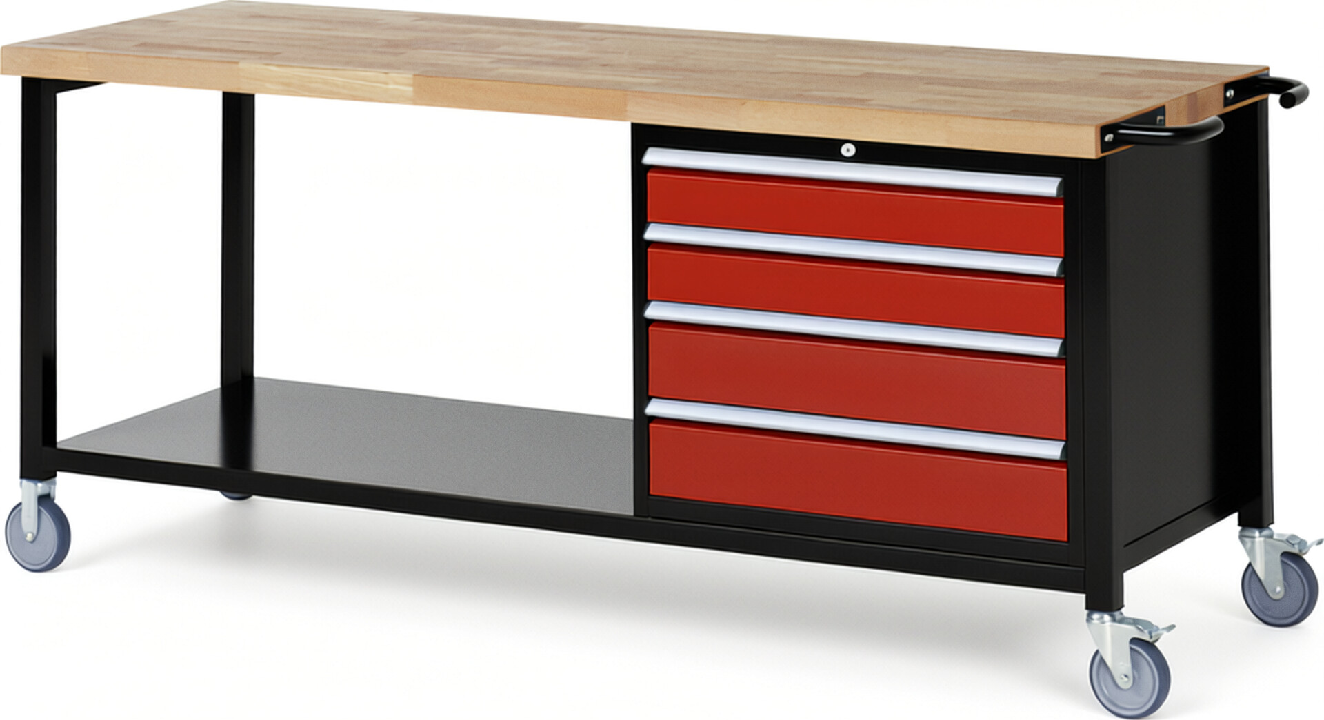 RAU Werkbank schwarz - rot - Breite 200 cm - Tiefe 70 cm - Höhe 108 cm - Buche-Massiv Arbeitsplatte 40 mm