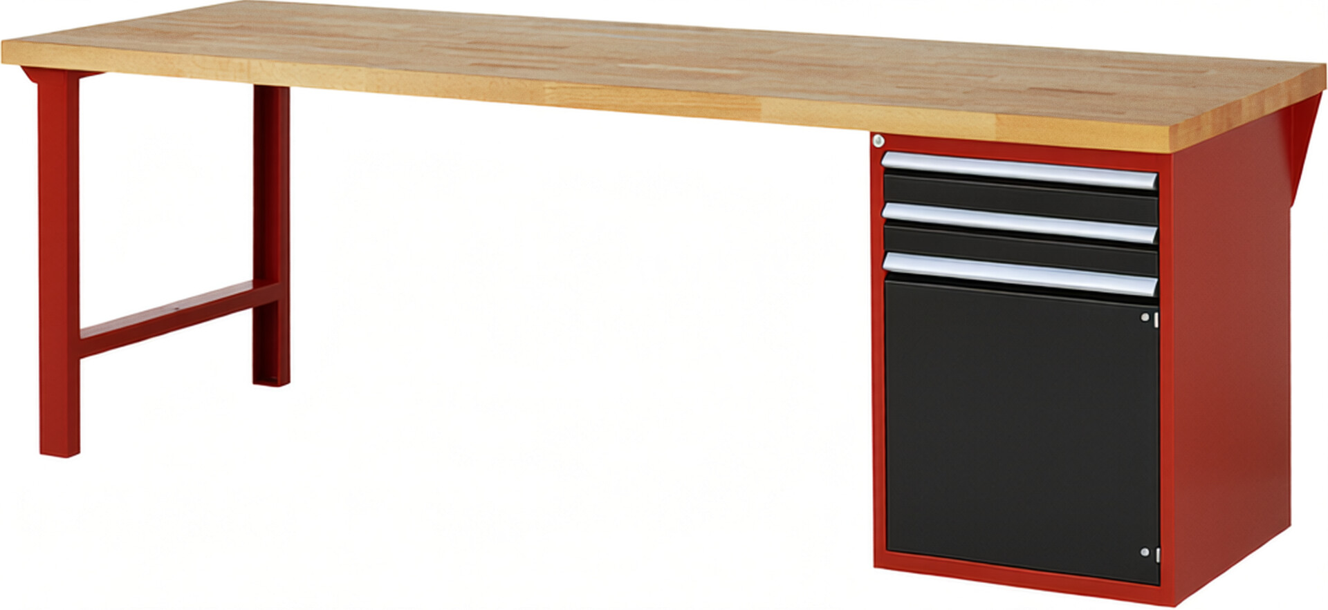 Werkbank Modell 7503 rot - schwarz, BxTxH 2500x900x890 mm,  Buche-Massiv Arbeitsplatte 40 mm,  2 Schubladen mit  Vollauszug 100 % und  SoftClosing