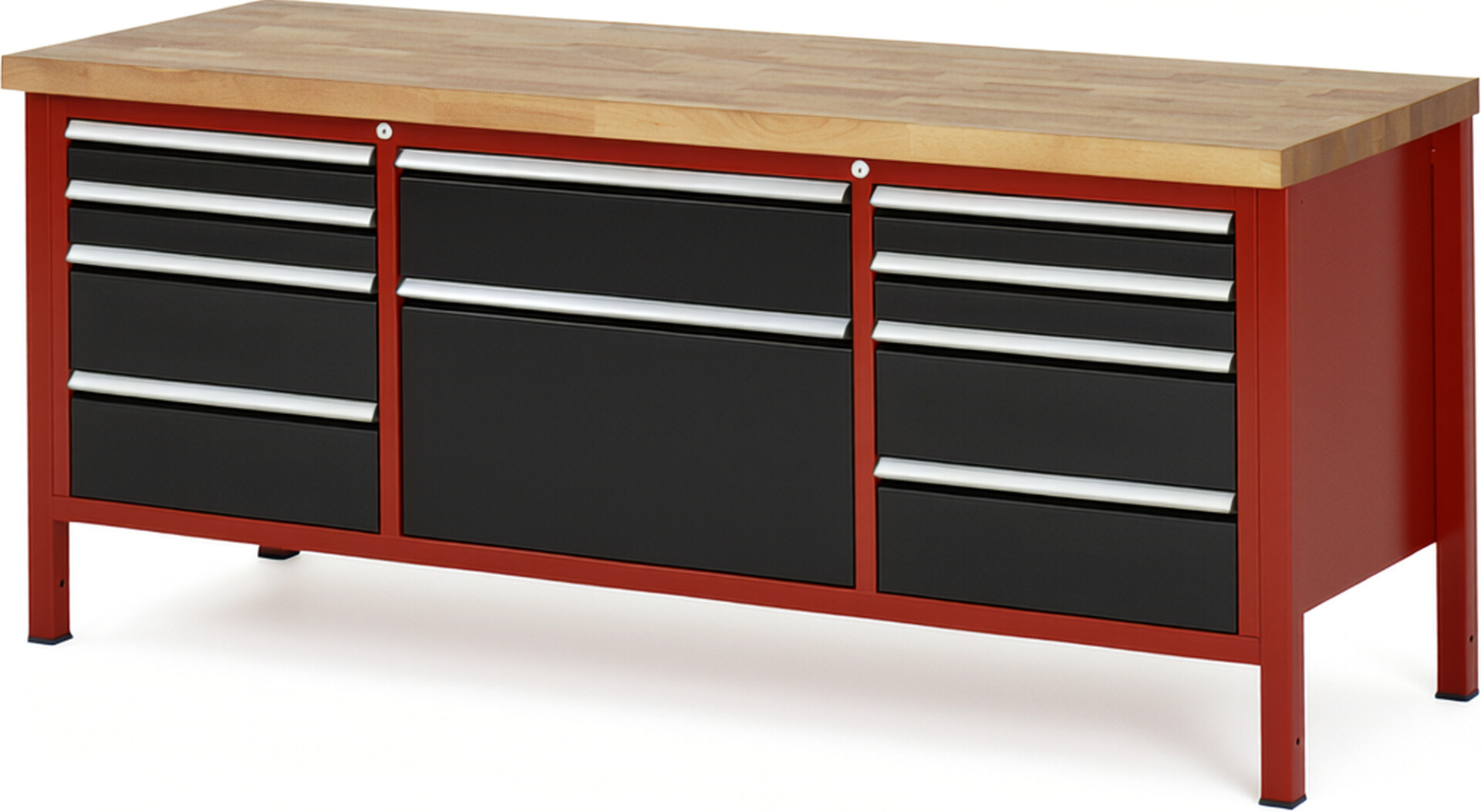 Werkbank Modell 8755 rot - schwarz, BxTxH 2000x700x840-1040 mm,  Buche-Massiv Arbeitsplatte 40 mm,  10 Schubladen mit  Vollauszug 100 % und  SoftClosing