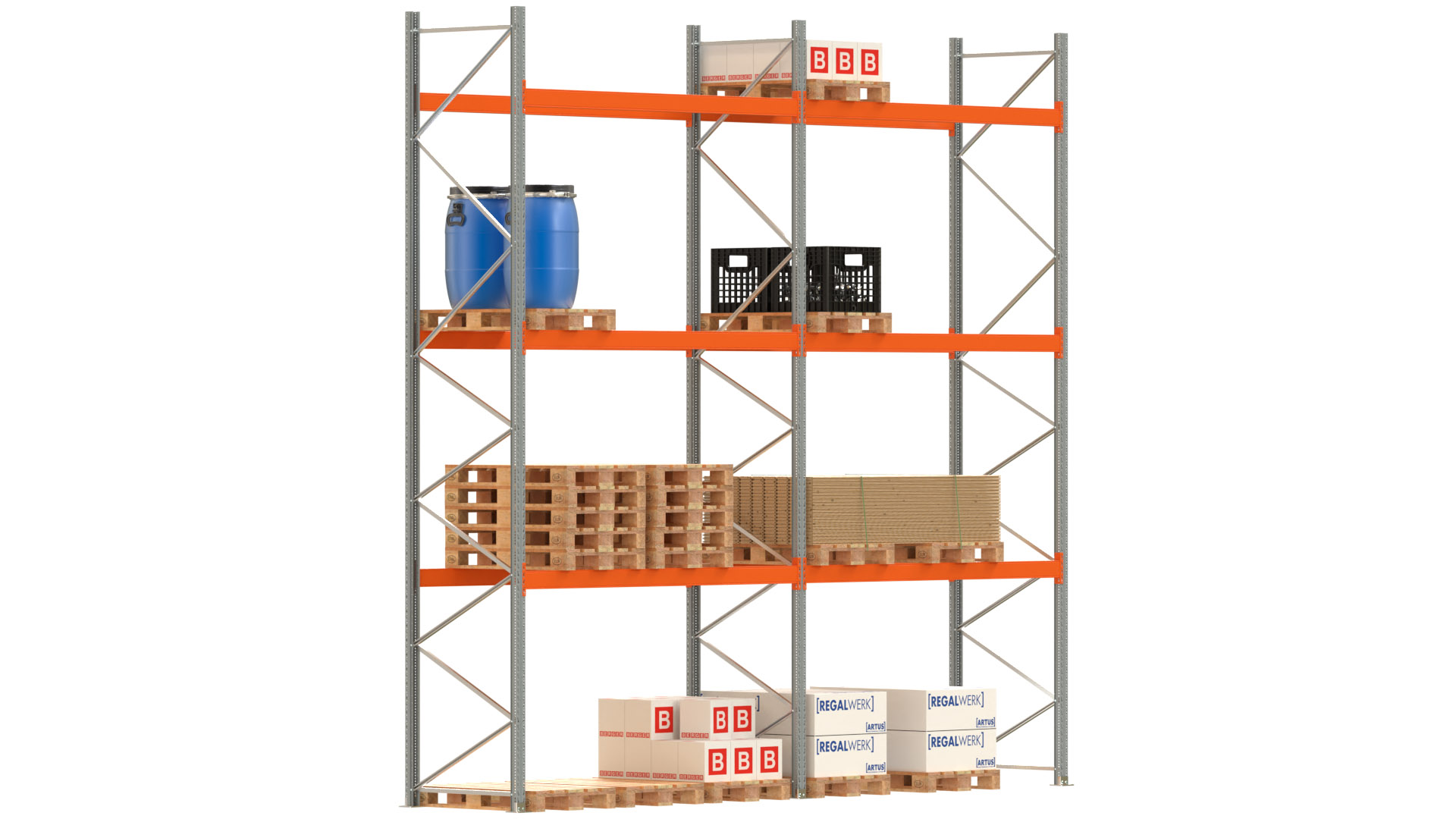Palettenregal ARTUS - Breite 565,5 cm - Höhe 550 cm - Tiefe 110 cm - 3 Träger-Ebenen - Fachlast 2775 kg - 24 Palettenstellplätze