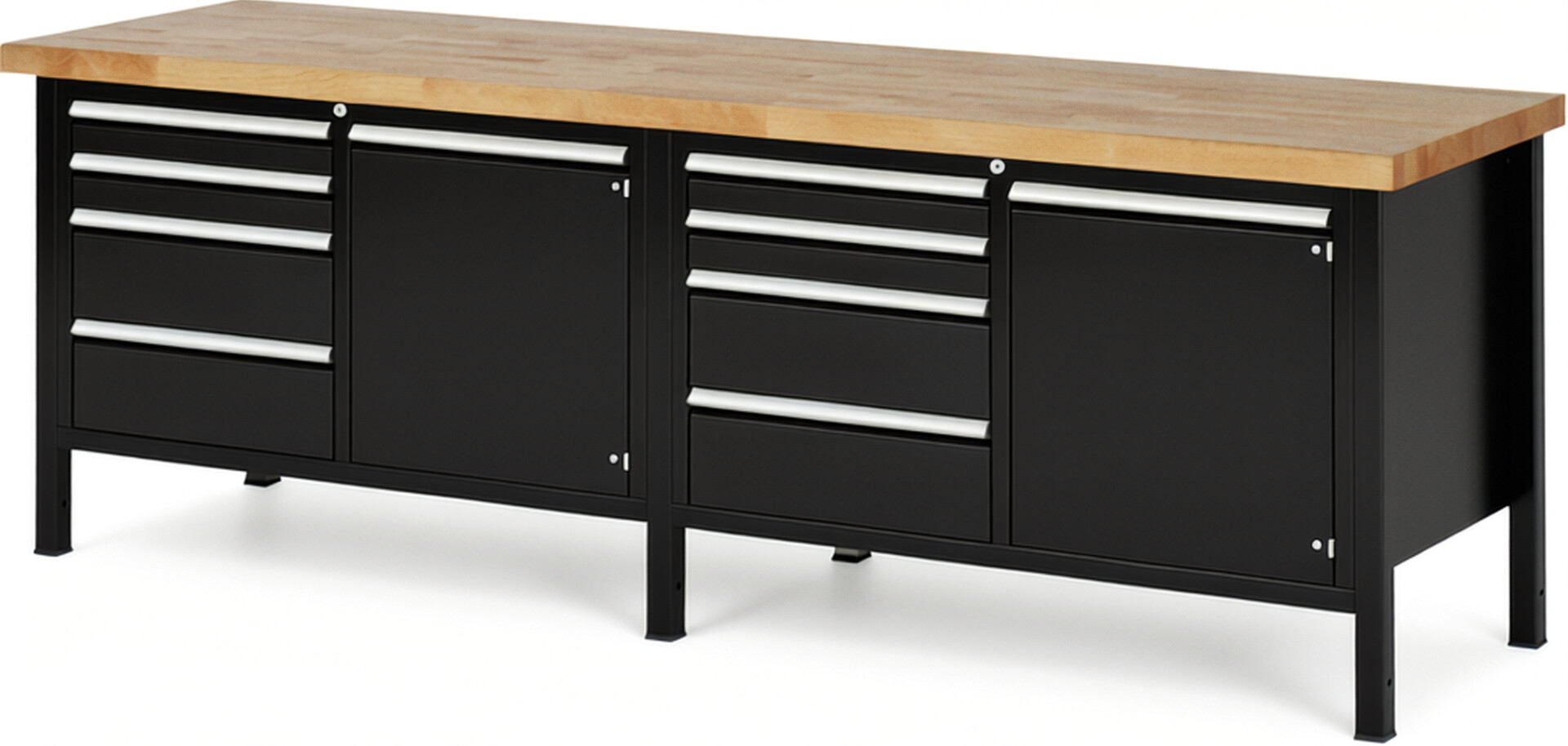 RAU Werkbank schwarz - Breite 250 cm - Tiefe 70 cm - Höhe 104 cm - Buche-Massiv Arbeitsplatte 40 mm