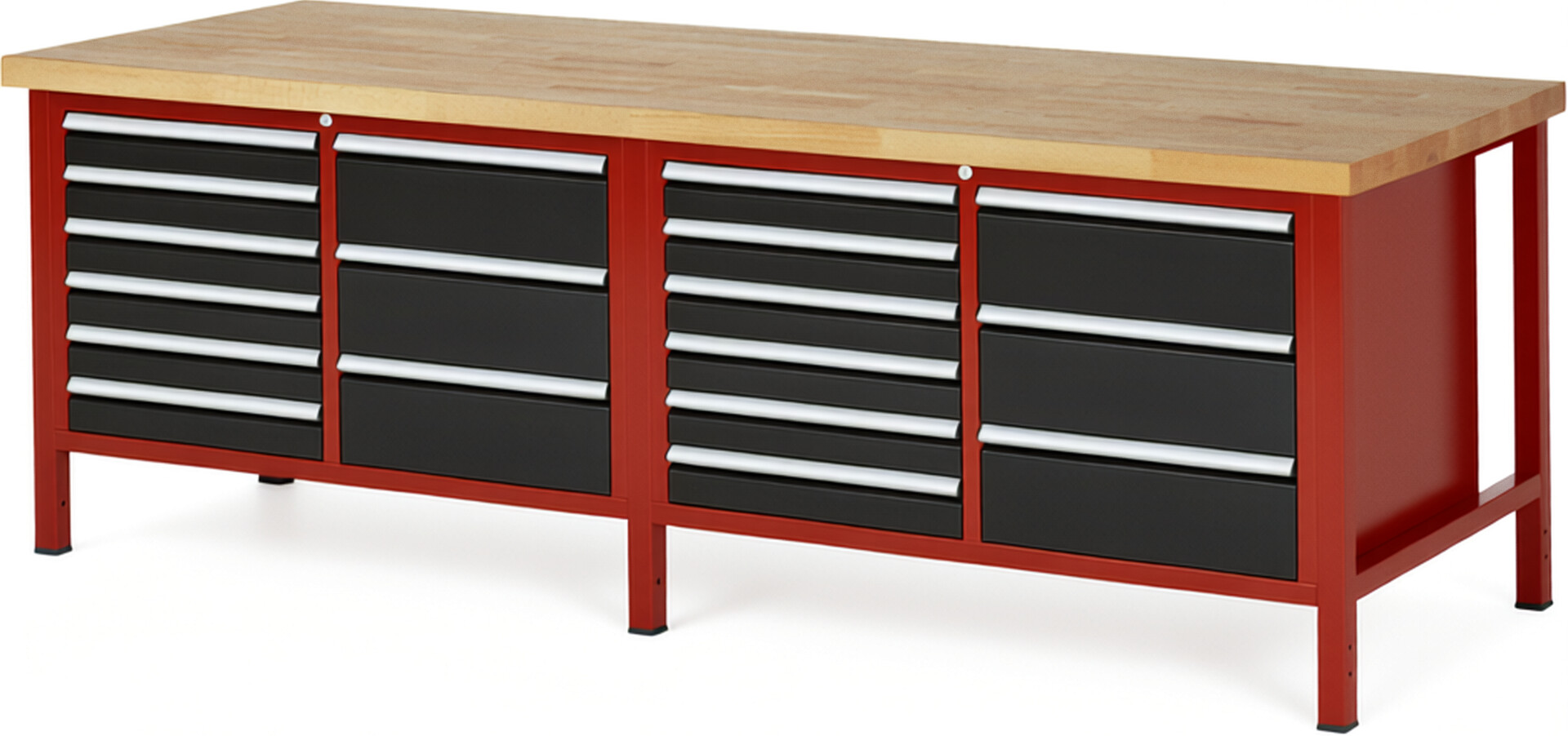 RAU Werkbank rot - schwarz - Breite 250 cm - Tiefe 90 cm - Höhe 84 cm - Buche-Massiv Arbeitsplatte 40 mm