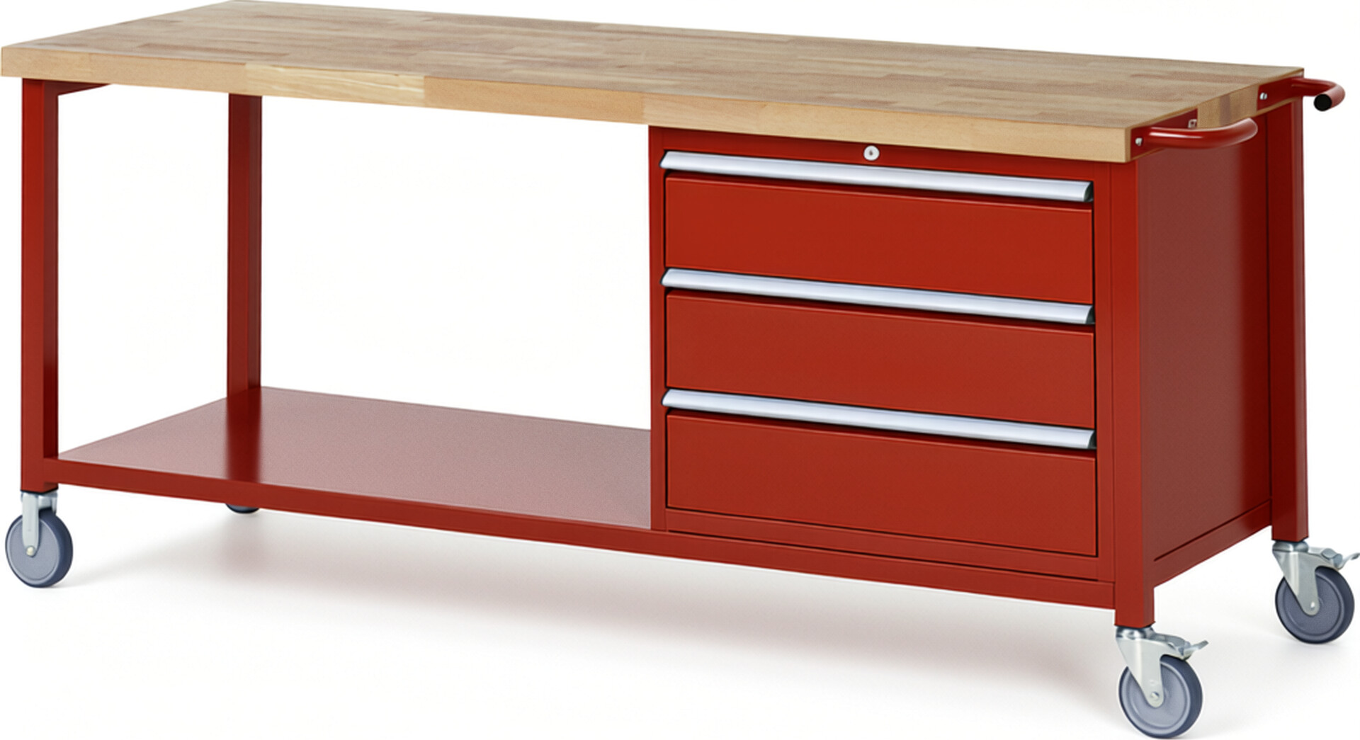 Fahrbare Werkbank Modell 8257 rot, BxTxH 2000x700x880 mm,  Buche-Massiv Arbeitsplatte 40 mm,  3 Schubladen mit  Auszug 90 %