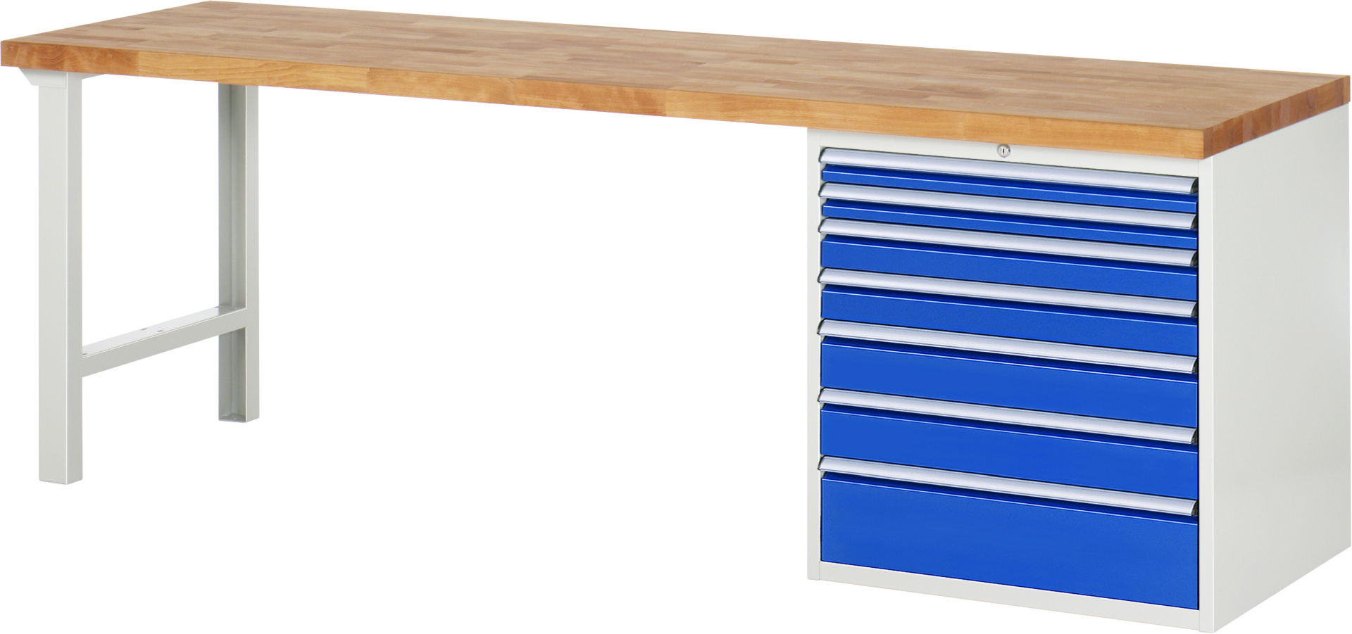 Werkbank Modell 7617 rot - schwarz, BxTxH 2500x700x840 mm,  Buche-Massiv Arbeitsplatte 40 mm,  7 Schubladen mit  Auszug 90 %