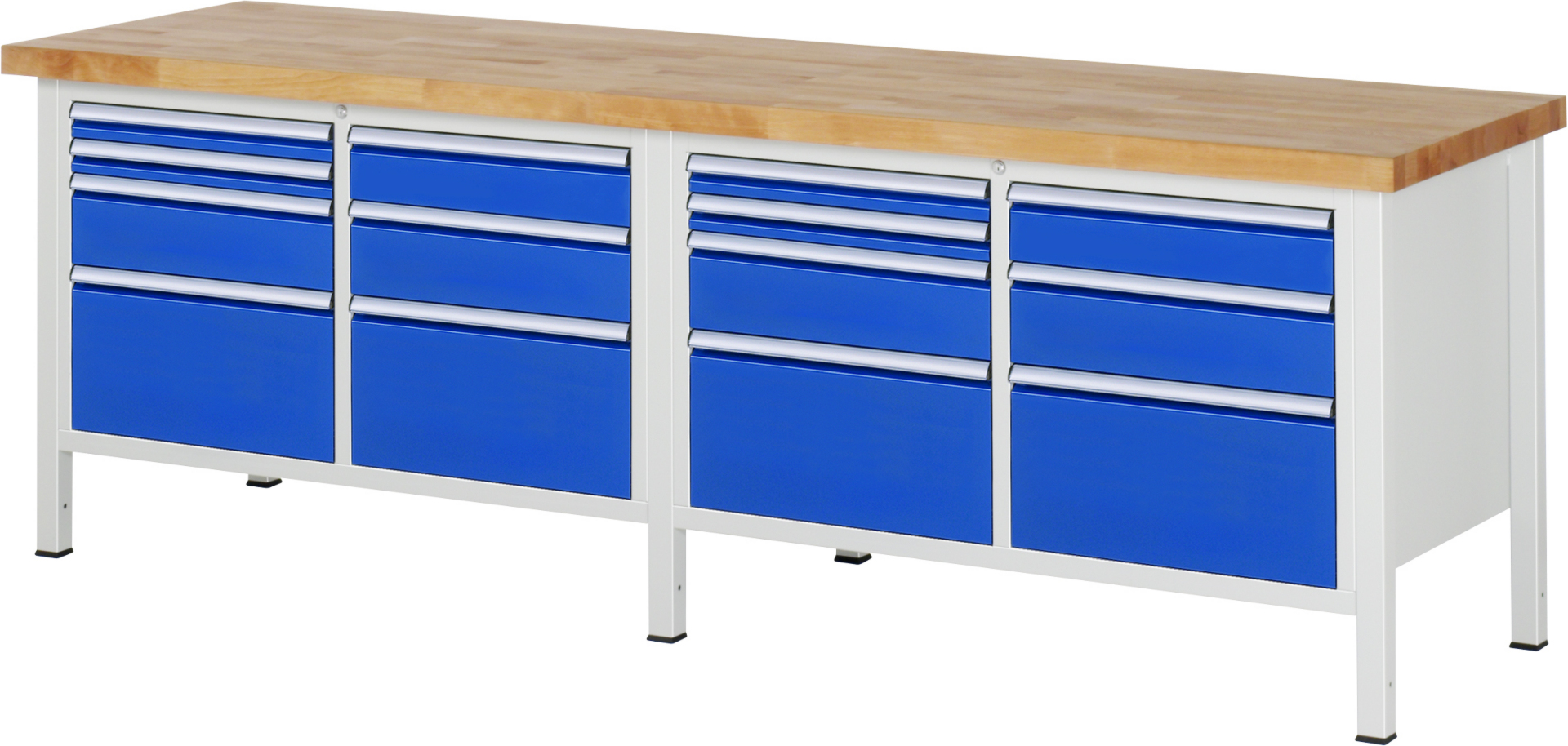 Werkbank Modell 8476 schwarz-rot, BxTxH 2500x700x840 mm,  Buche-Massiv Arbeitsplatte 40 mm,  14 Schubladen mit  Auszug 90 %