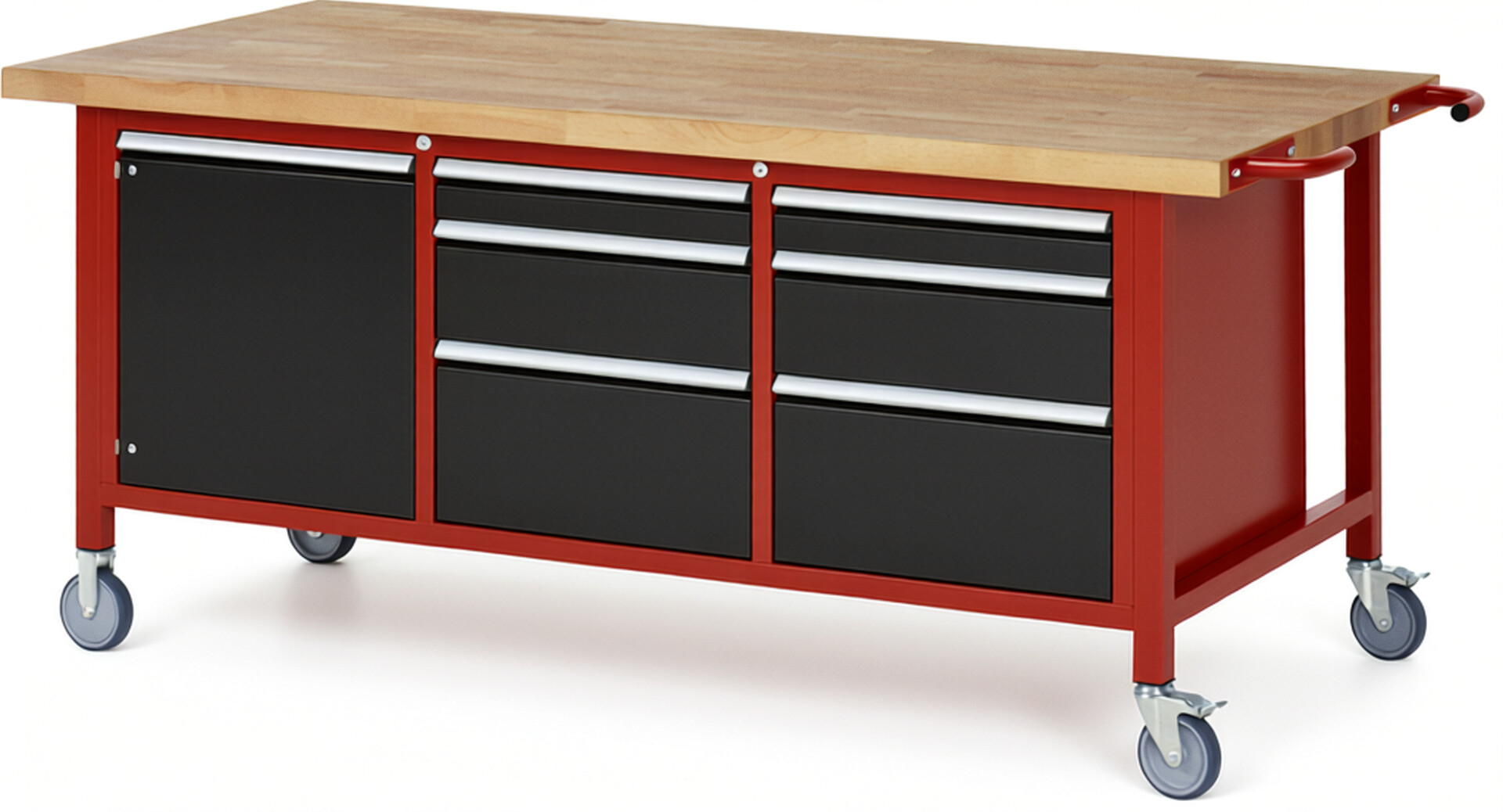 Fahrbare Werkbank Modell 8570 rot - schwarz, BxTxH 2000x900x880-1080 mm,  Buche-Massiv Arbeitsplatte 40 mm,  6 Schubladen mit  Vollauszug 100 % und  SoftClosing