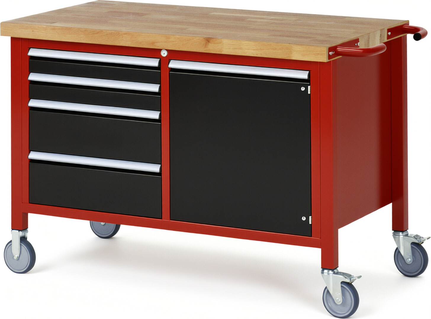 Fahrbare Werkbank Modell 8470 rot - schwarz, BxTxH 1250x700x880-1080 mm,  Buche-Massiv Arbeitsplatte 40 mm,  4 Schubladen mit  Vollauszug 100 % und  SoftClosing