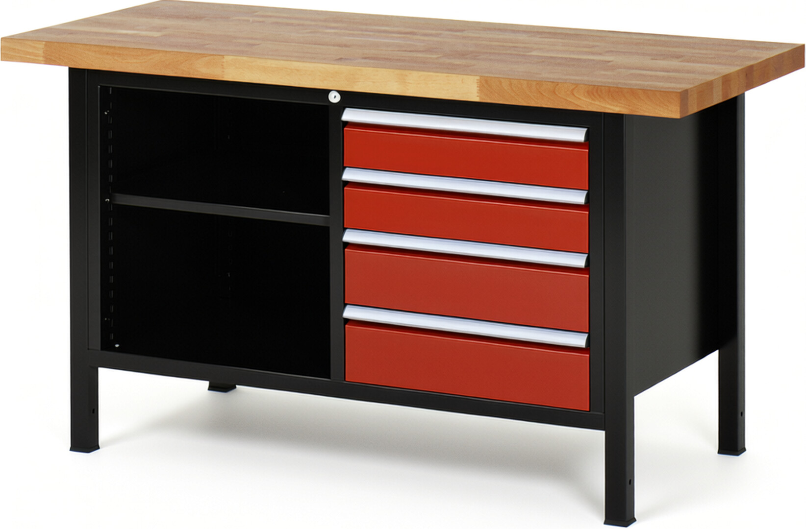 RAU Werkbank schwarz - rot - Breite 150 cm - Tiefe 70 cm - Höhe 104 cm - Buche-Massiv Arbeitsplatte 40 mm