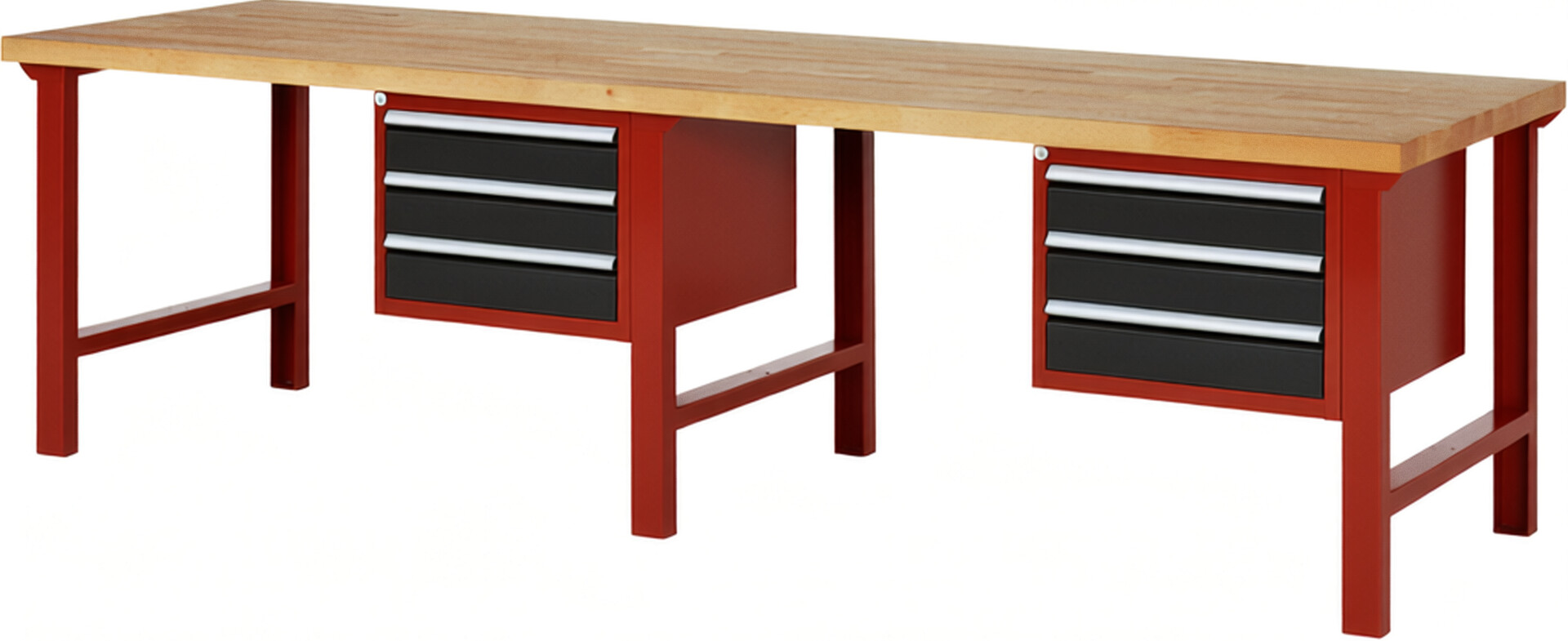Werkbank Modell 7127 rot - schwarz, BxTxH 3000x900x840 mm,  Buche-Massiv Arbeitsplatte 40 mm,  6 Schubladen mit  Vollauszug 100 % und  SoftClosing
