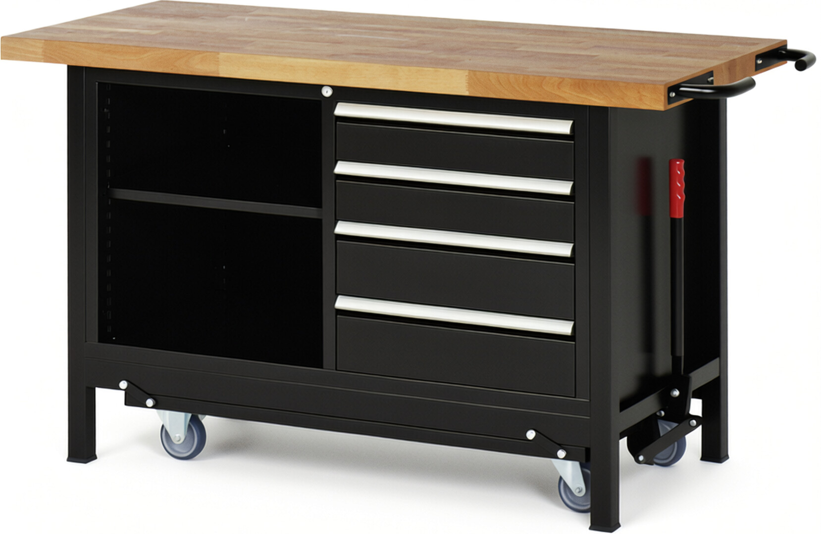 Absenkbare Werkbank Modell 8463 schwarz, BxTxH 1500x700x880 mm,  Buche-Massiv Arbeitsplatte 40 mm,  4 Schubladen mit  Vollauszug 100 % und  SoftClosing
